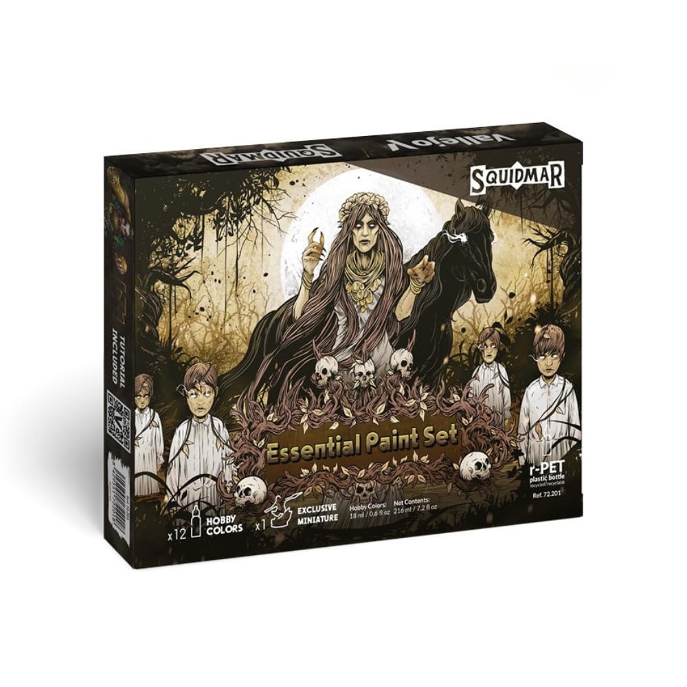 Vallejo - Squidmar Edition Essential Paint Set | High-Coverage Formula | Game and Model Color Ranges Assortment | Exclusive Miniature Included & Video Tutorial | 12 Bottles x 18 ml. (0.60 fl.oz.)