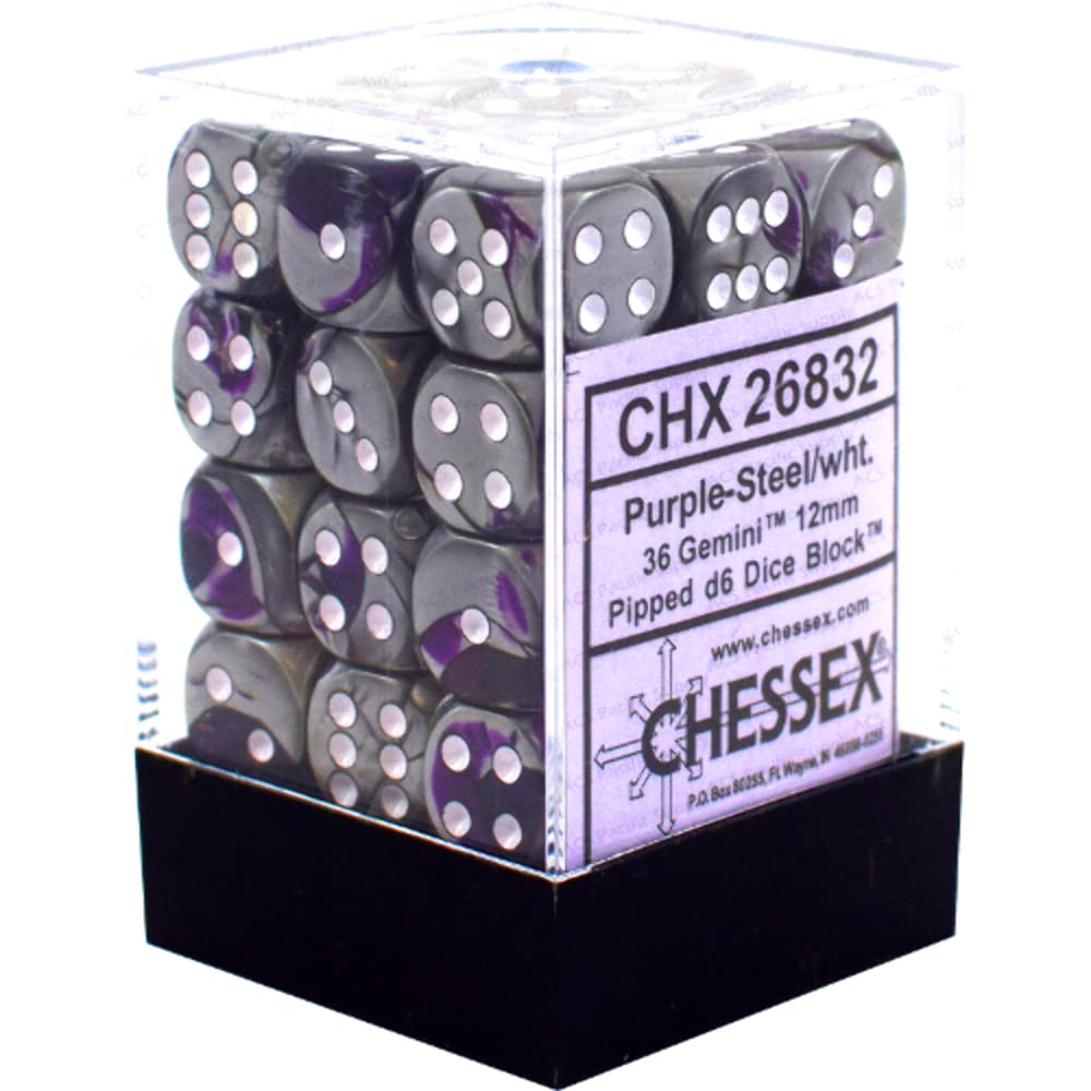 Chessex CHX26832 Dice - Gemini: 36D6 Purple/Steel/White