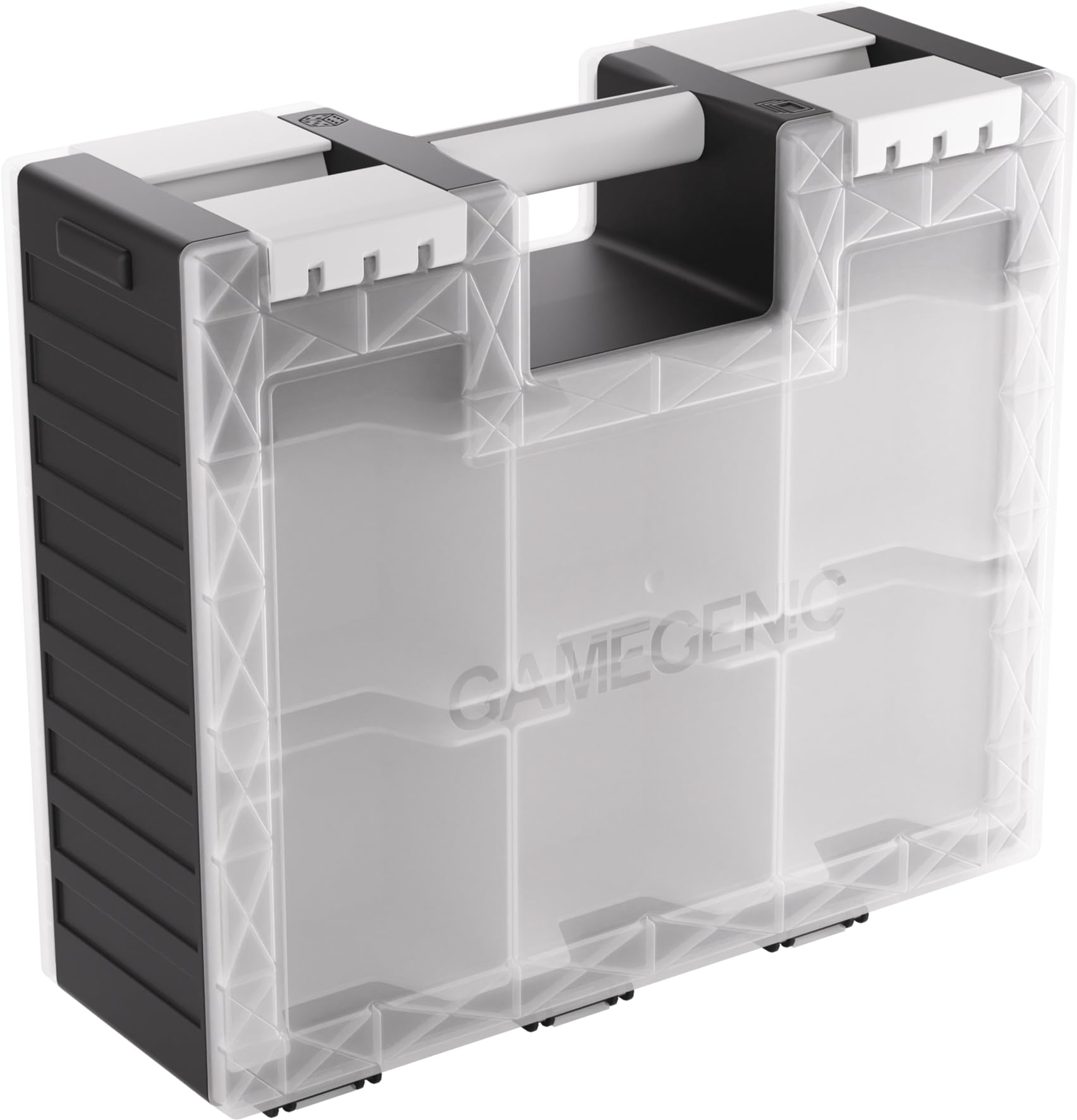 Game Castle - All-in-One Double-Sided Storage Case for Cards and Gaming Accessories, 19 Removable Trays in 5 Sizes, Ideal for Cards, Tokens, Dice and Tools, Black/White/Clear Color, Made by Gamegenic