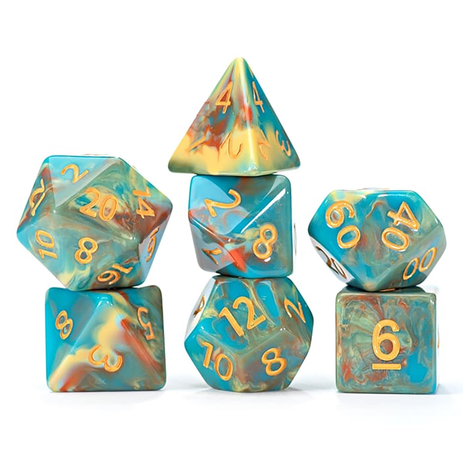 Gate Keeper Games & Dice: Van Gogh Dice: Starry Night - 7pc, Opaque Blue, Yellow & White, Copper-Brown Numbers, 7 Resin Dice for Role Playing Games