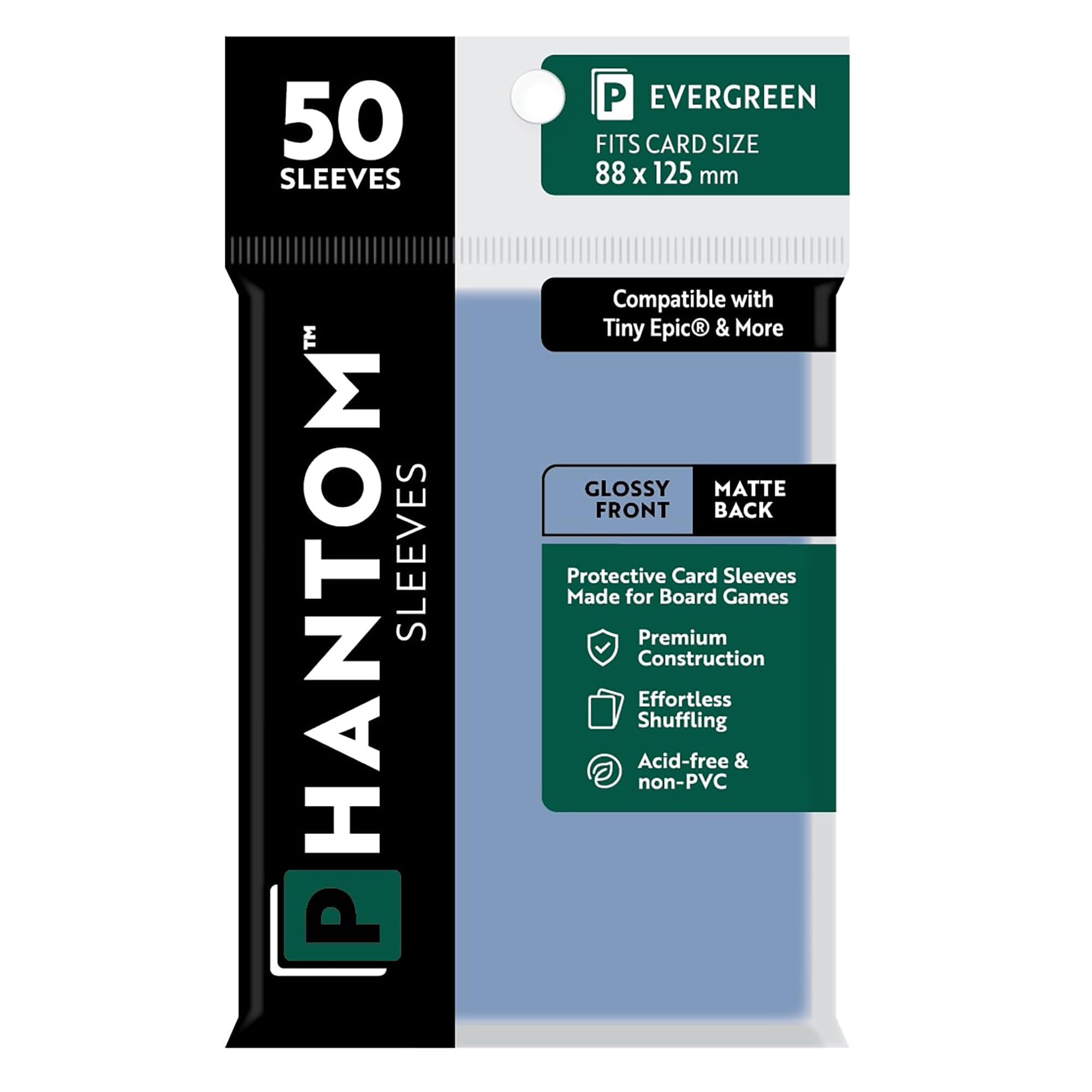 Phantom Sleeves: Evergreen Size 88 x 125mm: Glossy Front/Matte Back - 50 Pack - Transparent Protective Card Sleeves for Board Games & Trading Cards