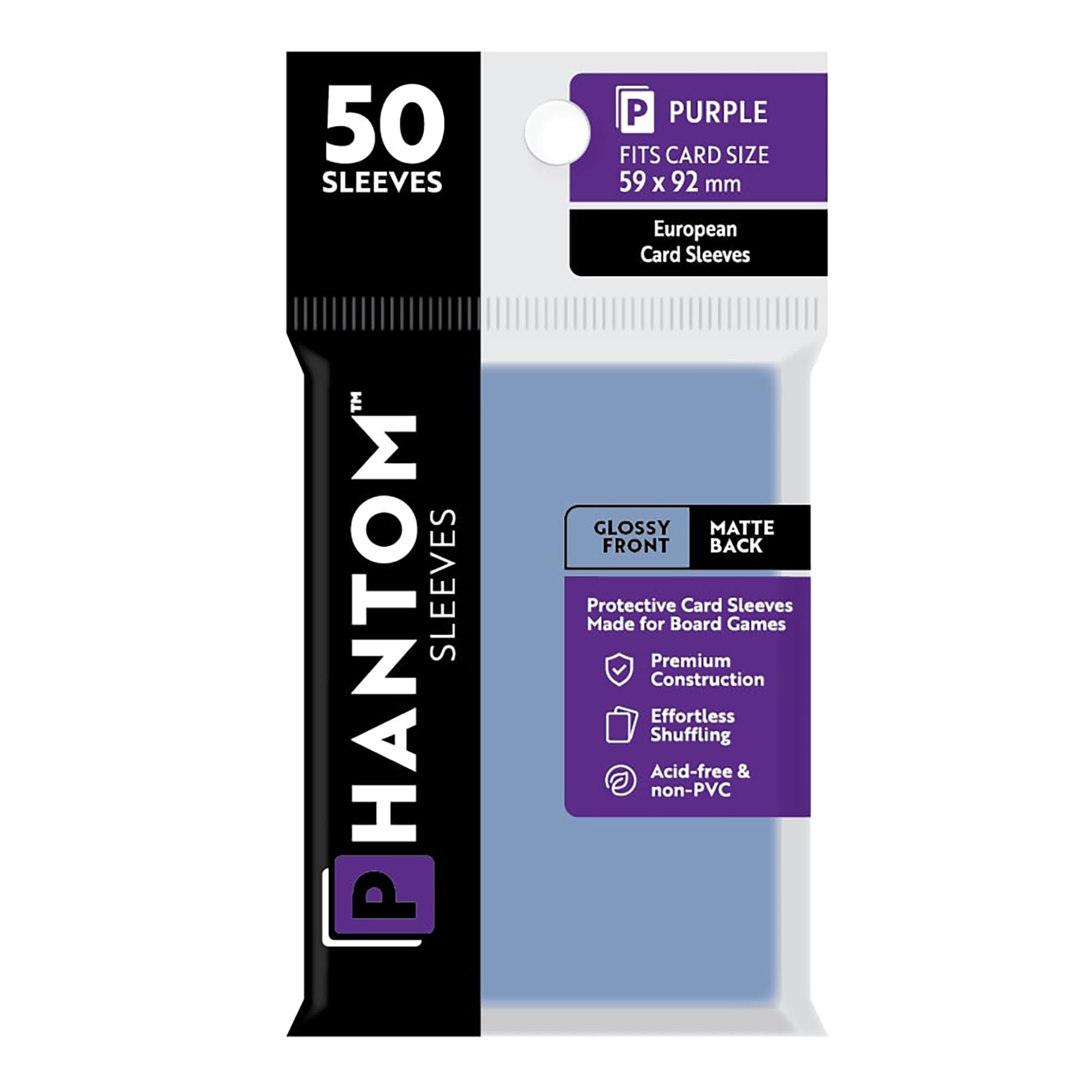 Phantom Sleeves: Purple Size 59 x 92mm: Glossy Front/Matte Back - 50 Pack - Transparent Protective Card Sleeves for Board Games & Trading Cards