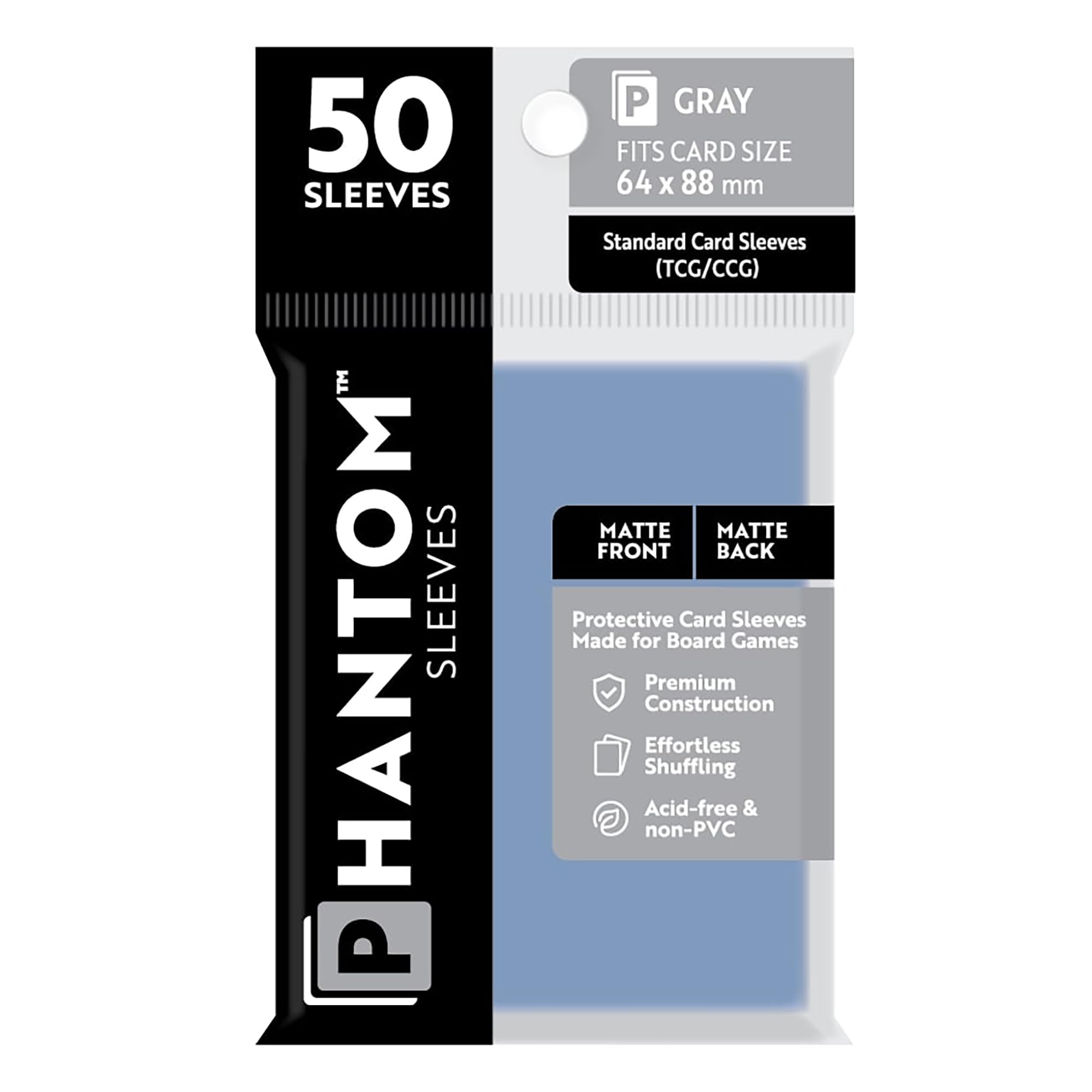 Phantom Sleeves: Gray Size 64 x 88mm: Matte Front/Back - 50 Pack - Transparent Protective Card Sleeves for Board Games, Trading Cards & Card Games