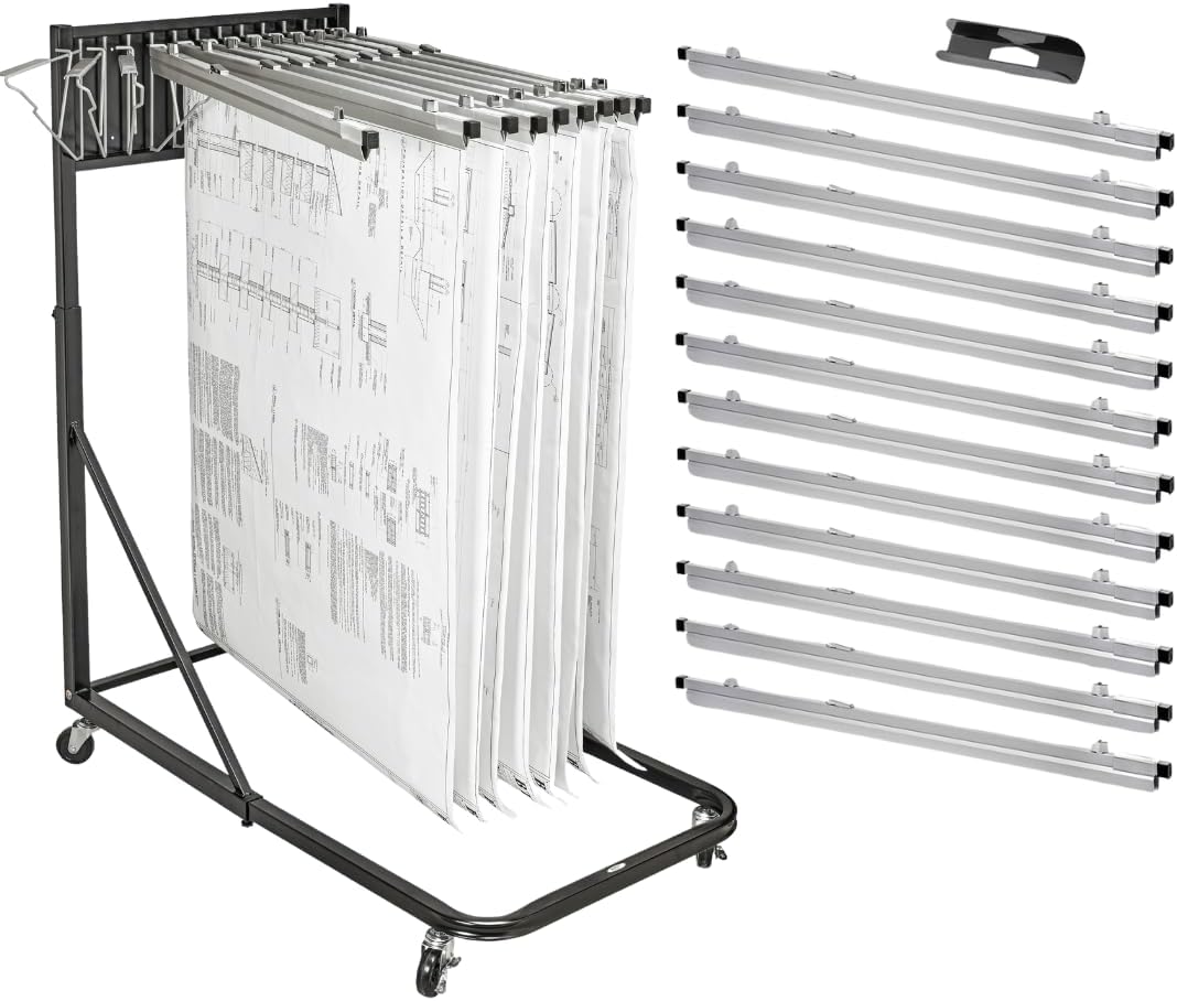 AdirOffice Black Steel Vertical File Blueprint Rolling Stand with 30 inch Hanging Clamps