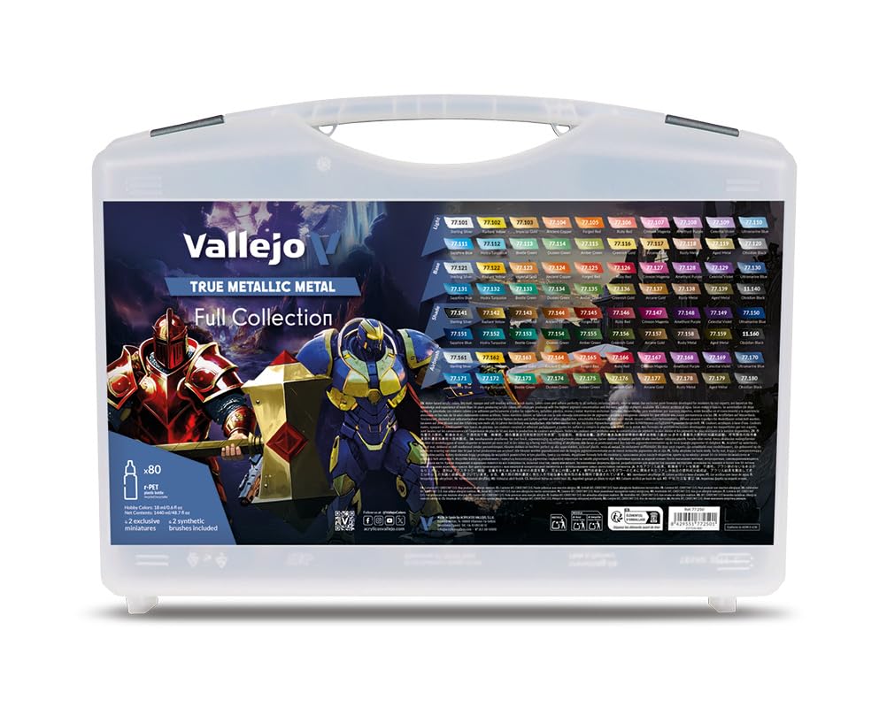 Vallejo - True Metallic Metal Full Collection Case | TMM Complete Acrylic Colors Range for Model Enthusiasts | 2 Bruses, 2 Exclusive Miniatures and a Guide Included | 80 Bottles x 18 ml (0.60 fl.oz.)