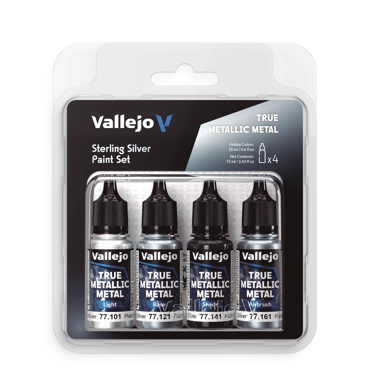 Vallejo - Sterling Silver Paint Set | True Metallic Metal | Acrylic Colors for Painting Metal Effects on Fantasy, Historical, and Wargaming Miniatures | BSL System | 4 Bottles x 18 ml (0.6 fl.oz.)