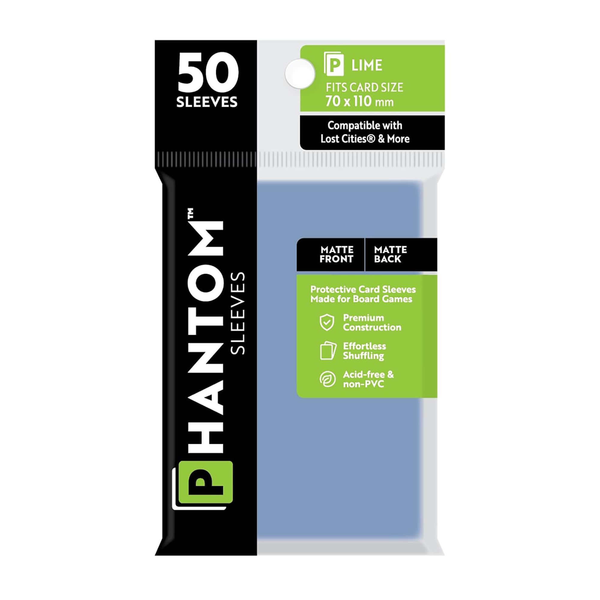 Phantom Sleeves: Lime Size 70 x 110mm: Matte Front/Back - 50 Pack - Transparent Protective Card Sleeves for Board Games, Trading Cards & Card Games