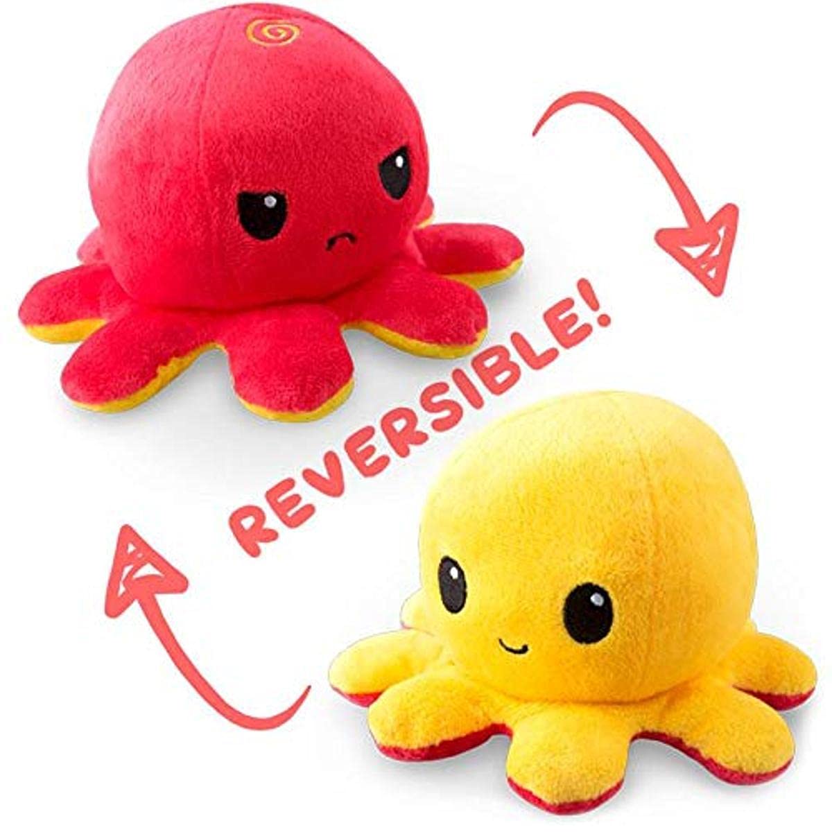 TeeTurtle Reversible Octopus Plushie 4-Inch Red + Yellow Two-Sided Flip Plush Toy with Embroidered Details - Cute Mini Collectible Plush for Kids, Teens, and Adults