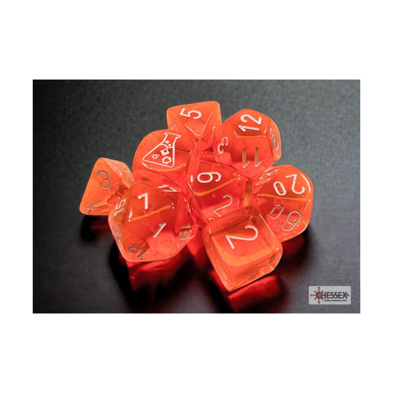Neon Orange Translucent Dice with White Numbers 7+1 Dice Set 16mm (5/8in) Chessex