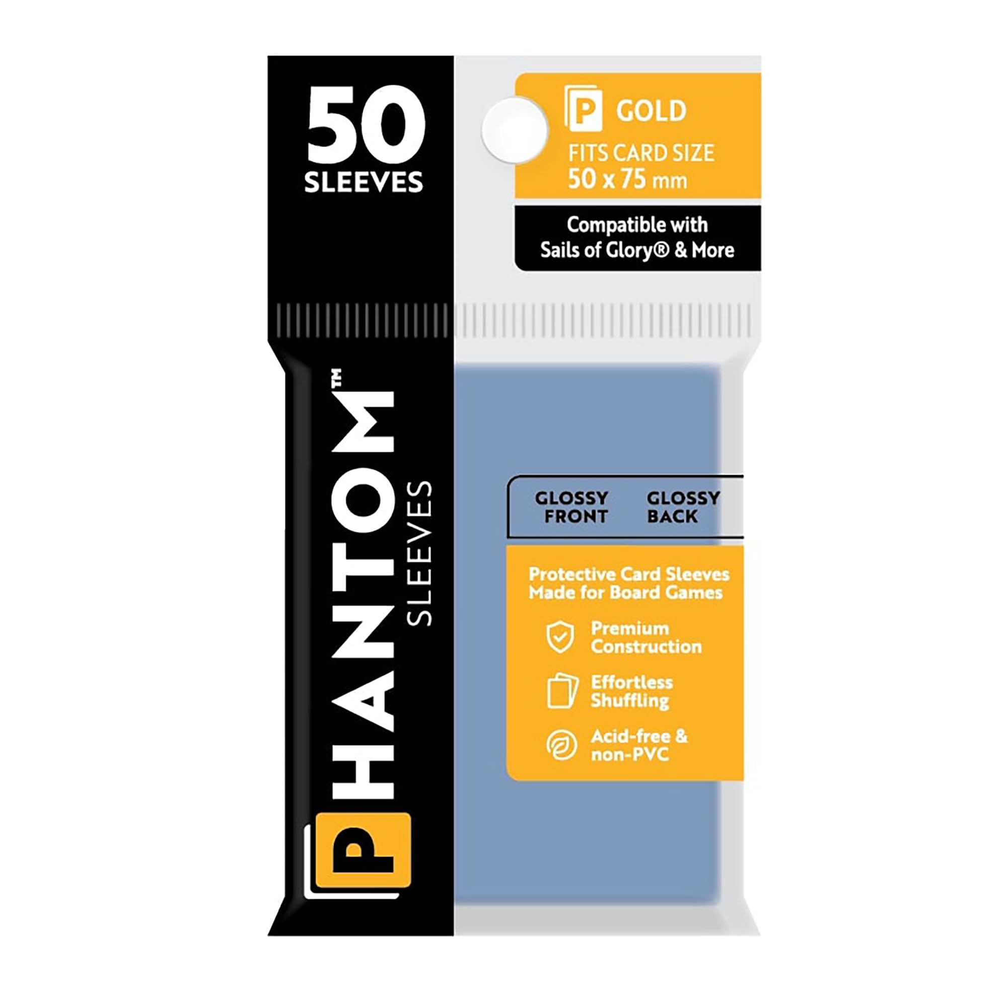 Phantom Sleeves: Gold Size 50 x 75mm: Glossy Front/Back - 50 Pack - Transparent Protective Card Sleeves for Board Games, Trading Cards & Card Games