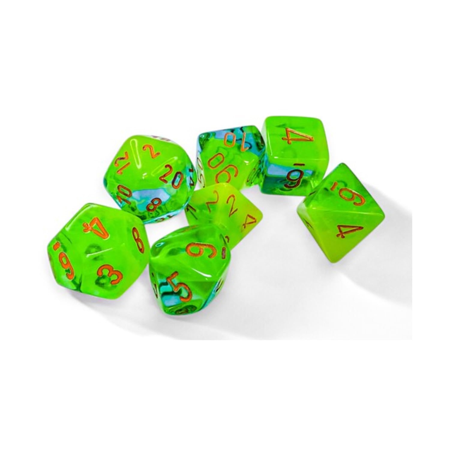 Plasma Green and Teal Gemini Luminary Dice with Orange Numbers 7 Dice Set 16mm (5/8in) Chessex