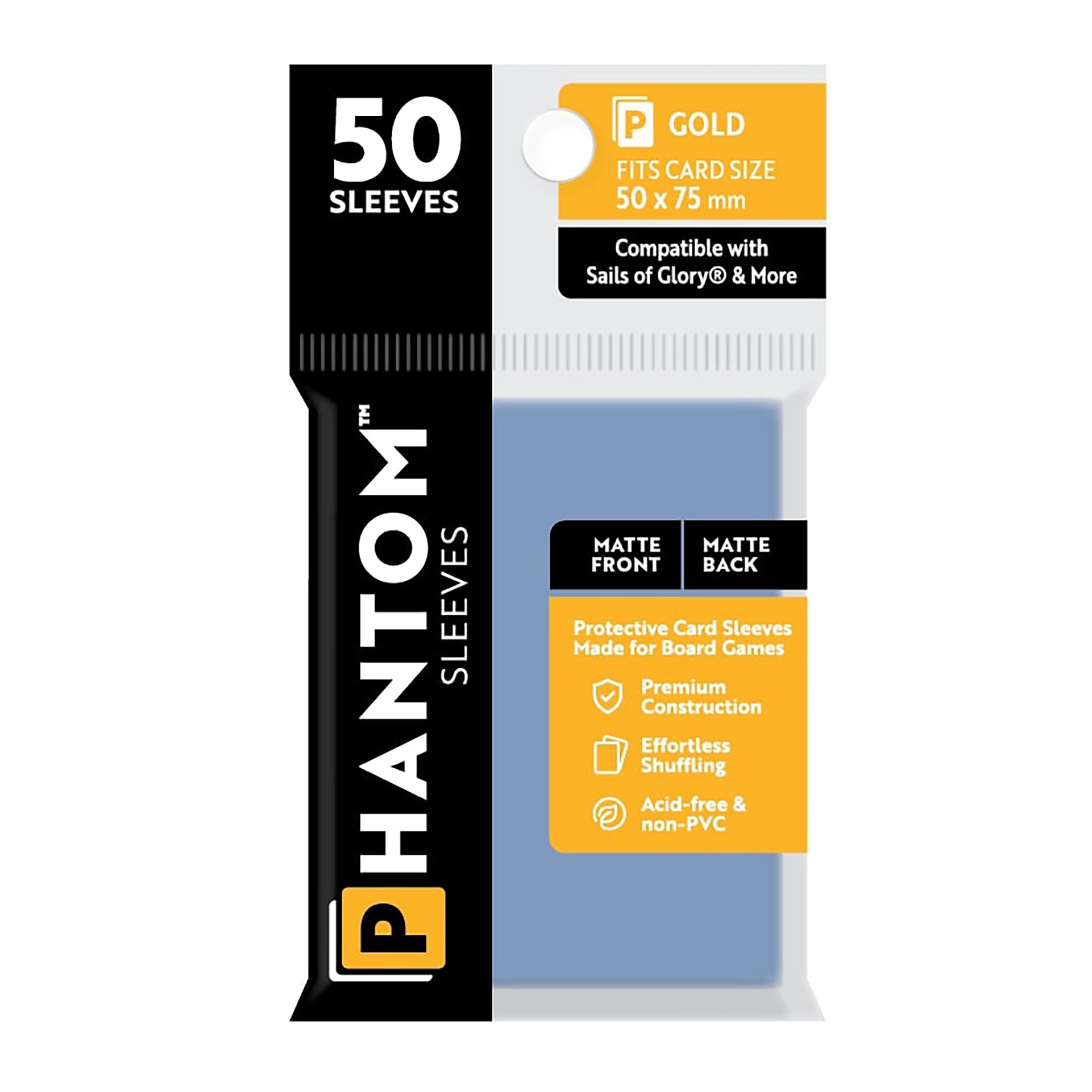 Phantom Sleeves: Gold Size 50 x 75mm: Matte Front/Back - 50 Pack - Transparent Protective Card Sleeves for Board Games, Trading Cards & Card Games