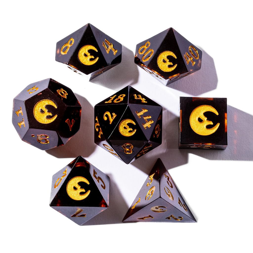 The Crooked Moon Sharp Resin Dice Set – 7-Piece Engraved TTRPG Dice with Golden Moon Design | Premium Polyhedral Dice for Tabletop RPGs & Collectors