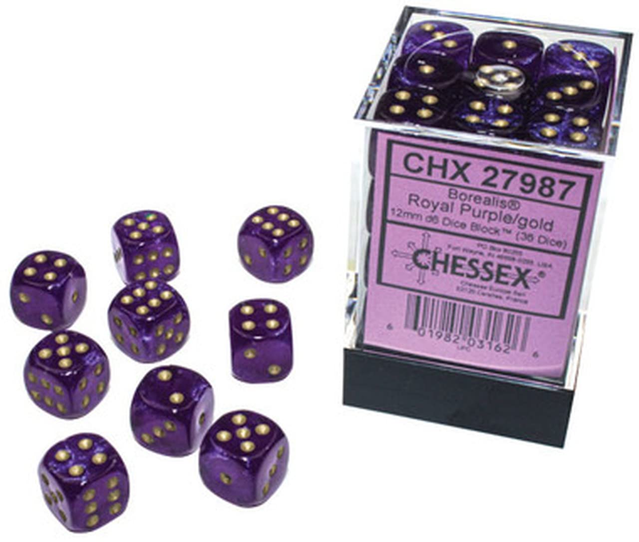 Chessex Borealis 12mm d6 Royal Purple/Gold Luminary Dice Block (36 dice) (CHX27987)