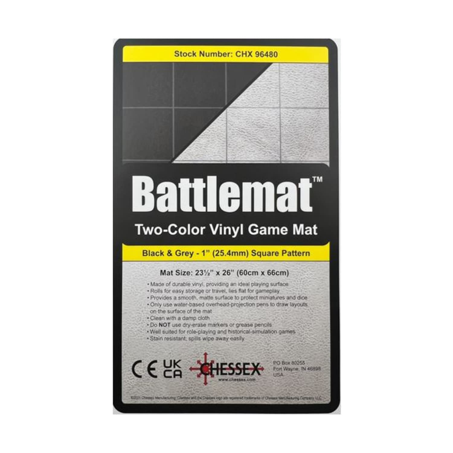 Chessex Play Mat – Mat: 1” Sq 2 Sided Black/Grey Battle mat Two Colour Playmat – Smooth & Tough – Compatible with Tabletop RPGs – Accessories for Game Night