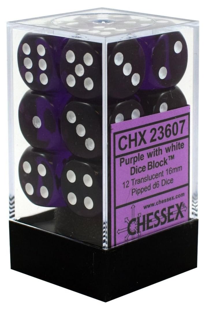 Translucent Purple 6 Sided 16mm Dice Block (12-Dice)