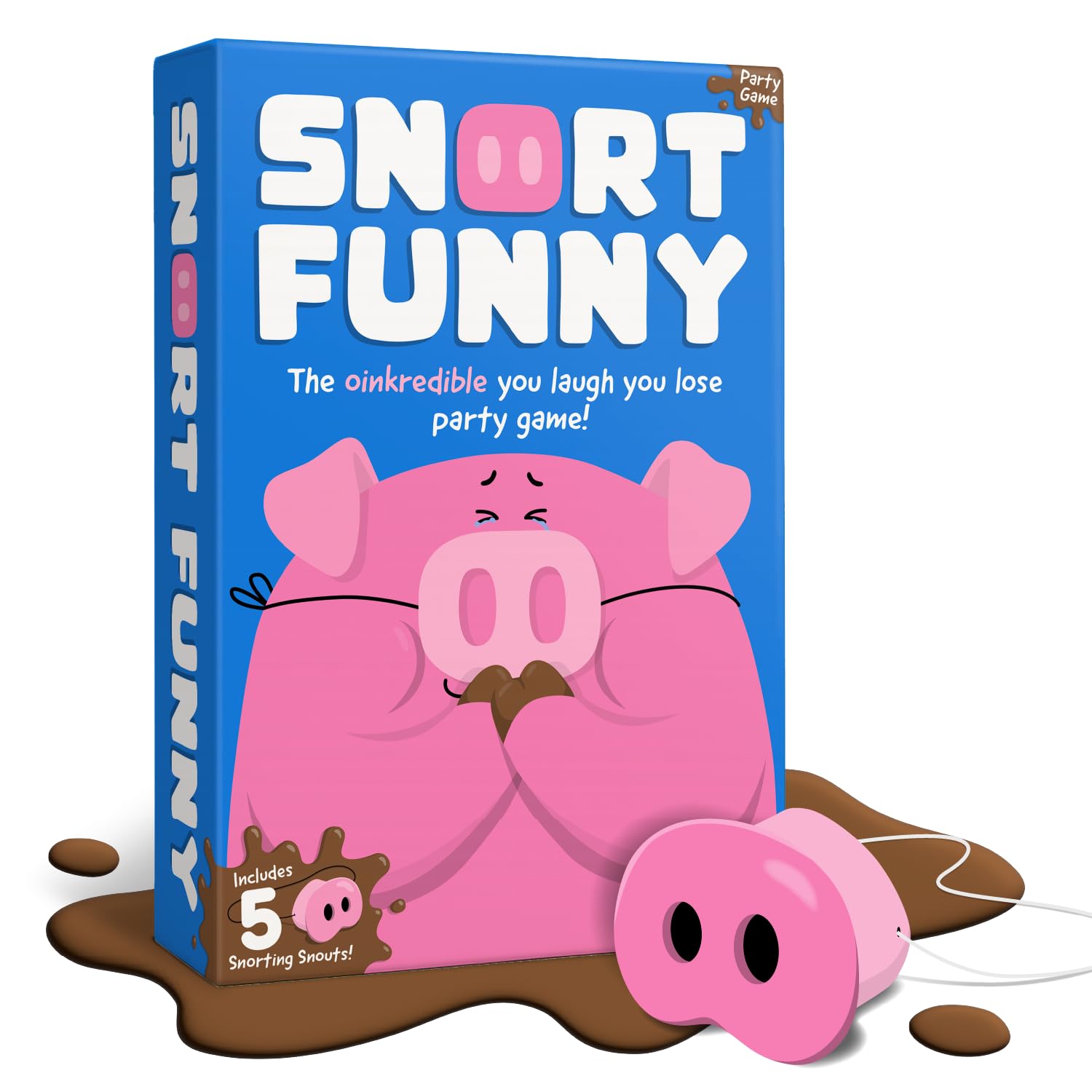 Snort Funny – The Oinkredible You Laugh You Lose Party Game, Family Games for Kids and Adults w/ 150 Challenge Cards, 5 Pig Snouts & Mud Tokens, Funny Games for Friend & Family, 4-8 Players, Ages 8+