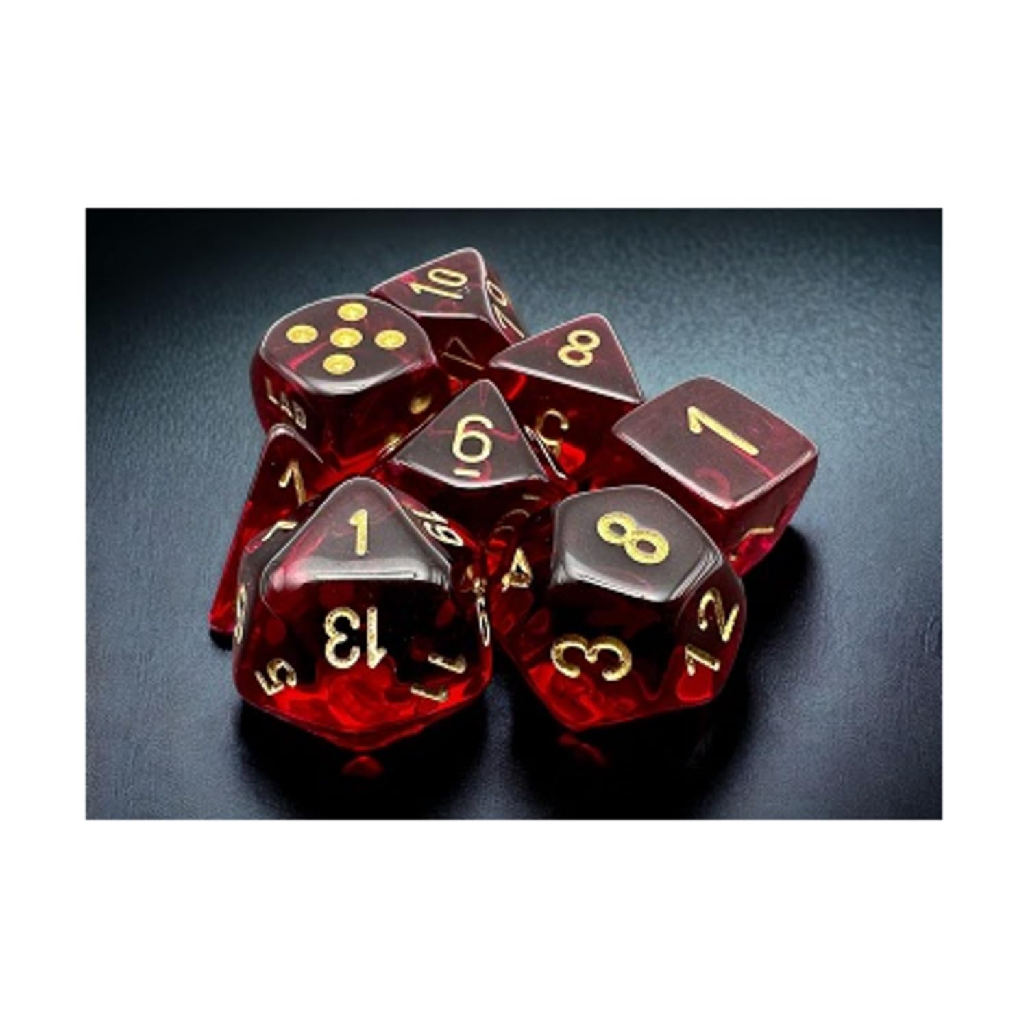 Crimson Translucent Dice with Gold Numbers 7+1 Dice Set 16mm (5/8in) Chessex