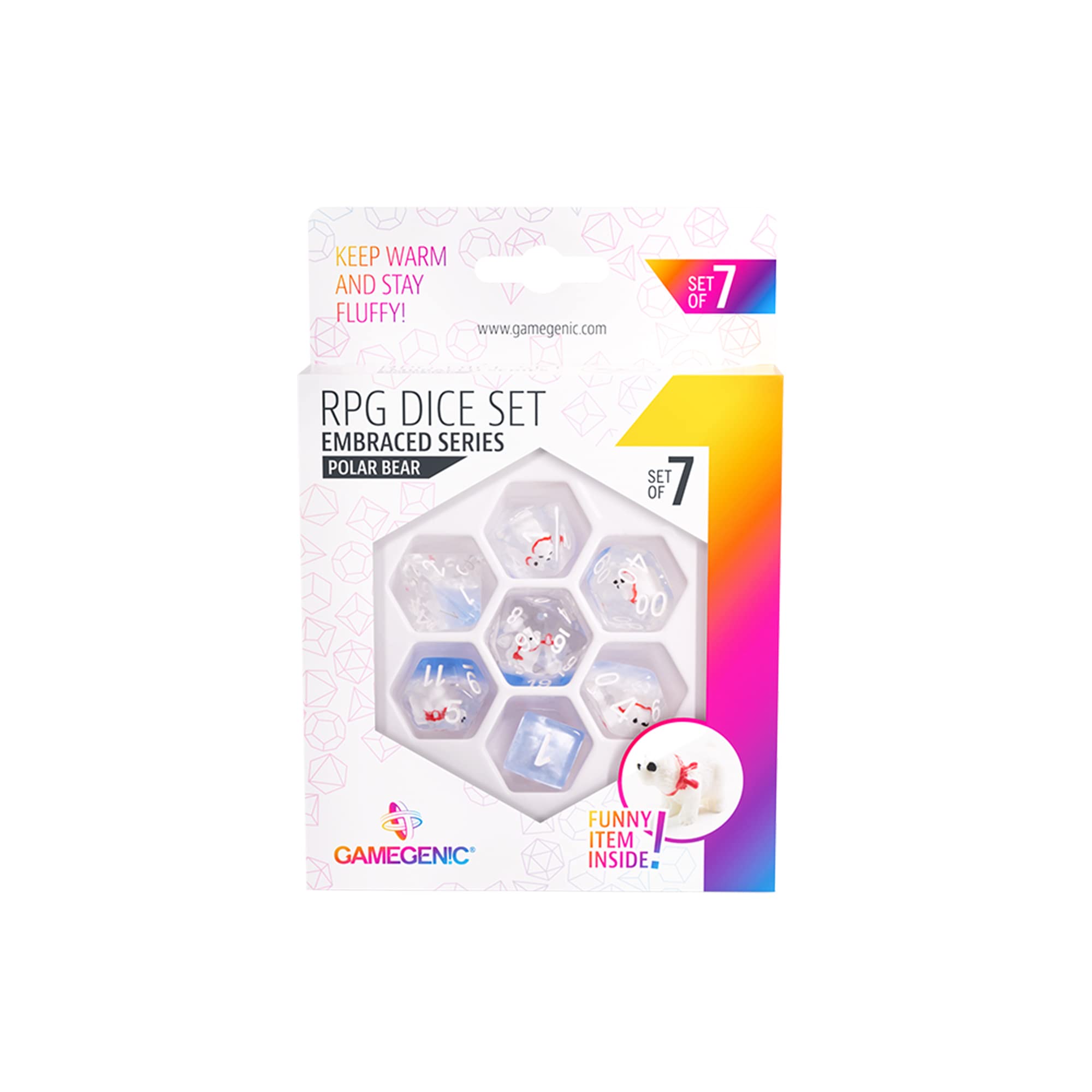 Gamegenic Embraced Series RPG Dice Set | Set of 7 Dice in a Variety of Sizes Designed for Roleplaying Games | Premium Quality Resin Dice with Unique Thematic Polar Bear Design | Made by Gamegenic