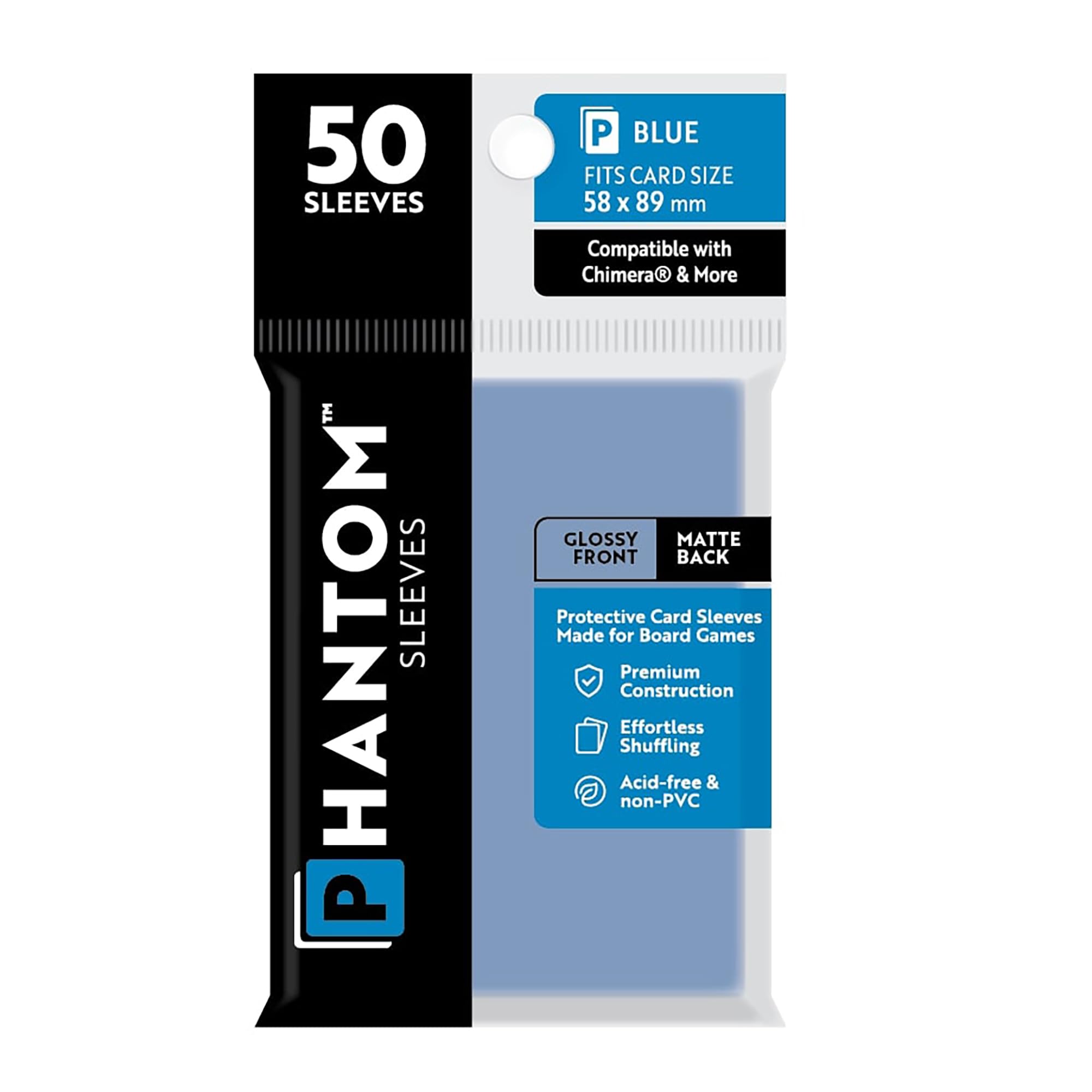 Phantom Sleeves: Blue Size 58 x 89mm: Glossy Front/Matte Back - 50 Pack - Transparent Protective Card Sleeves for Board Games & Trading Cards