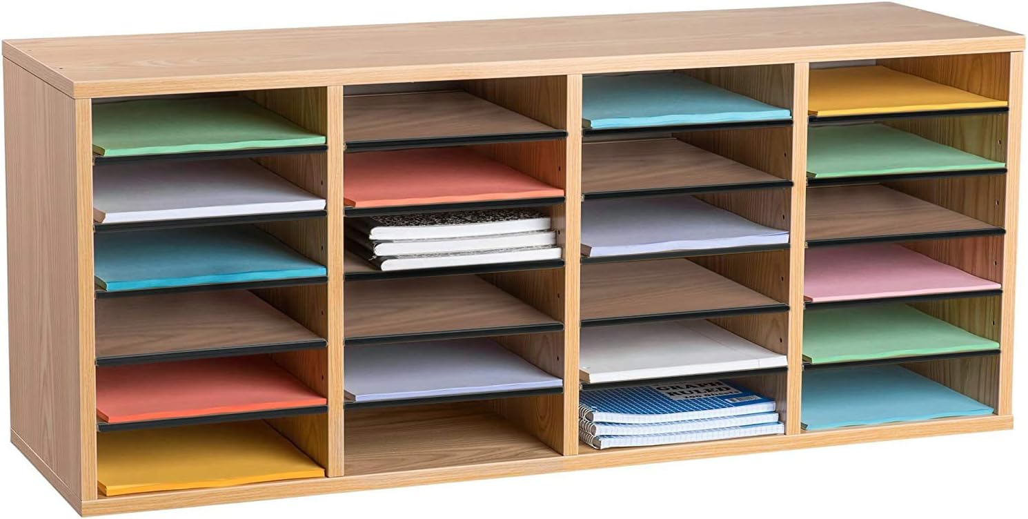 24-Compartment Wood Adjustable Paper Sorter Literature File Organizer, Medium Oak