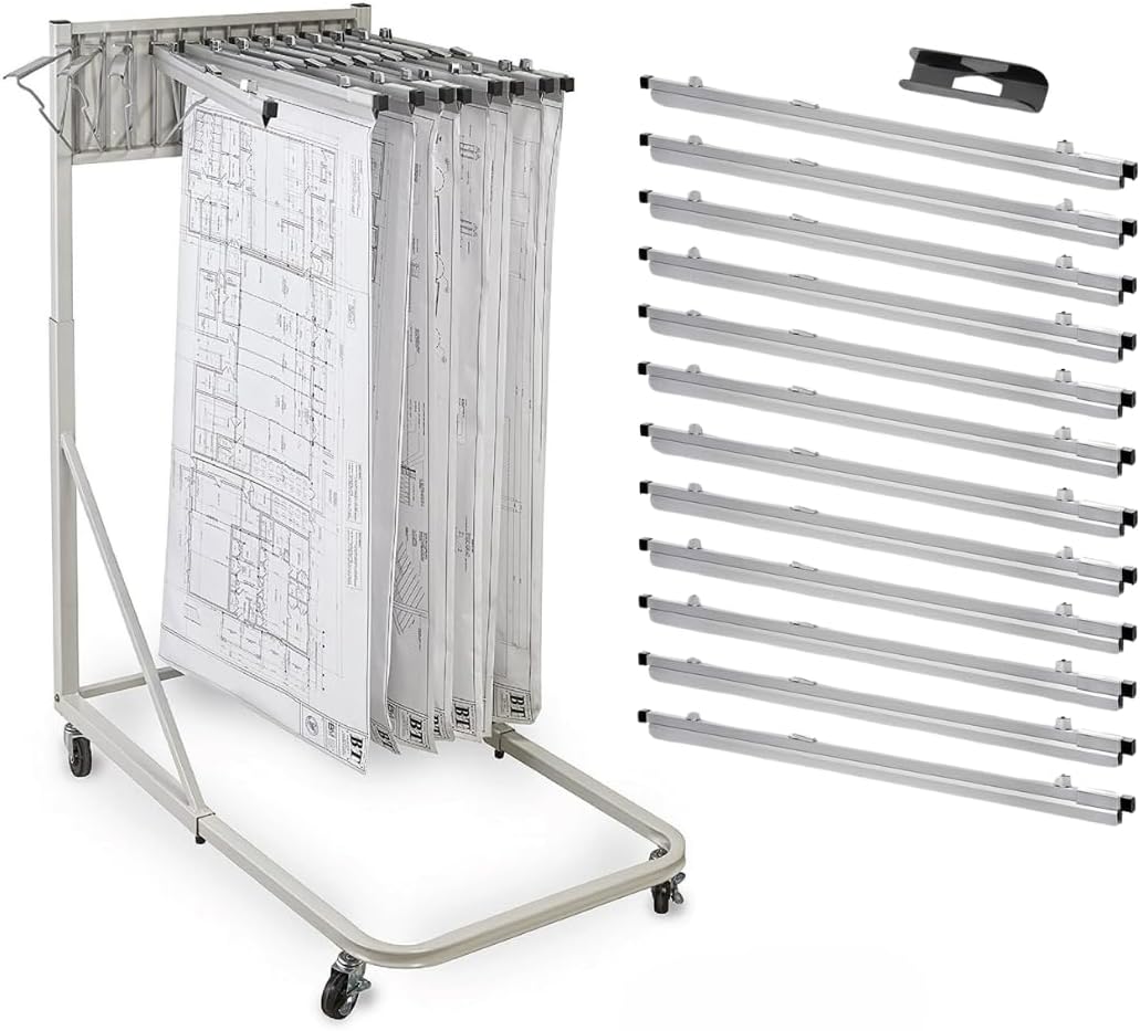 Gray Steel Vertical File Blueprint Rolling Stand with 30 inch Hanging Clamps