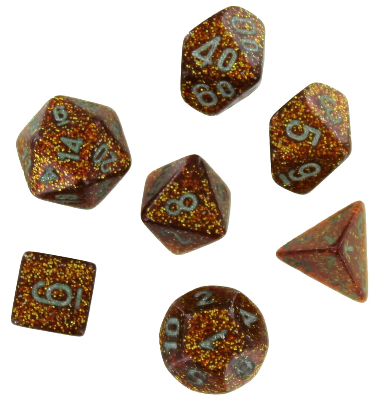 Gold Glitter Mini Dice with Silver Colored Numbers 10mm (3/8in) Set of 7 Chessex