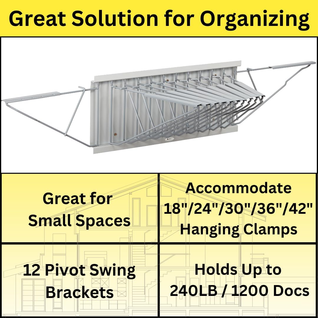Gray Steel Blueprint Large File Pivot Wall Rack with 30 inch Hanging Clamps
