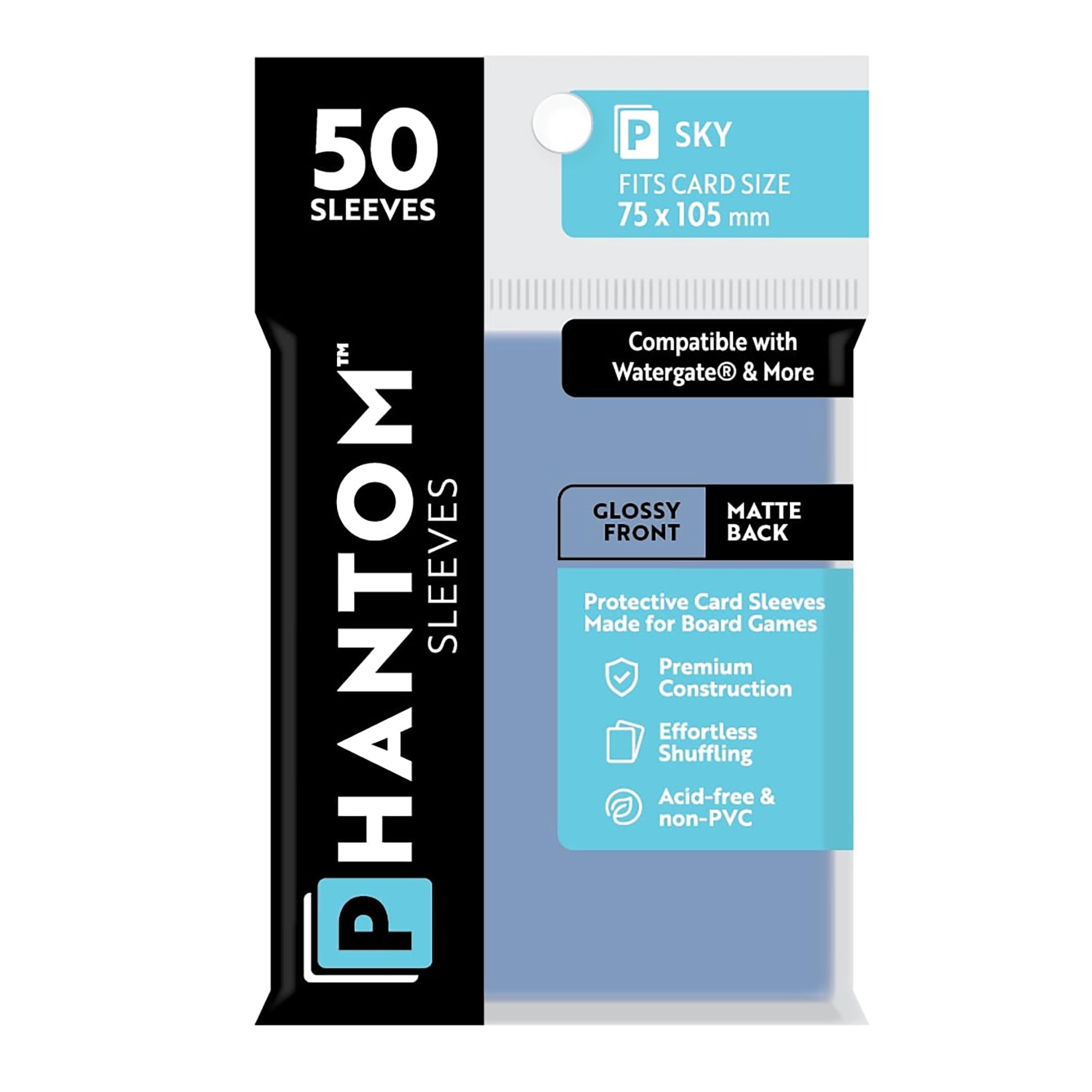 Phantom Sleeves: Sky Size 75 x 105mm: Glossy Front/Matte Back - 50 Pack - Transparent Protective Card Sleeves for Board Games & Trading Cards