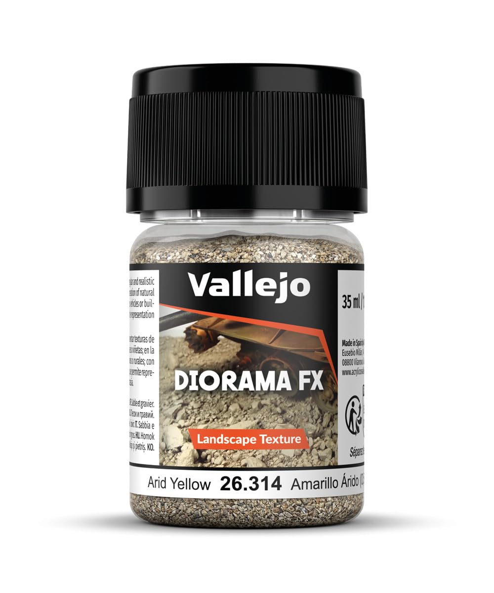 Vallejo - Diorama FX Landscape Textures | Arid Yellow 0.5 to 2 mm (0.02" to 0.08") Particle Size | Ideal Basing for Scenary and Dioramas | Bottle of 35 ml. (1.18 fl.oz.) | Weight 50 g. (1.76 oz.)