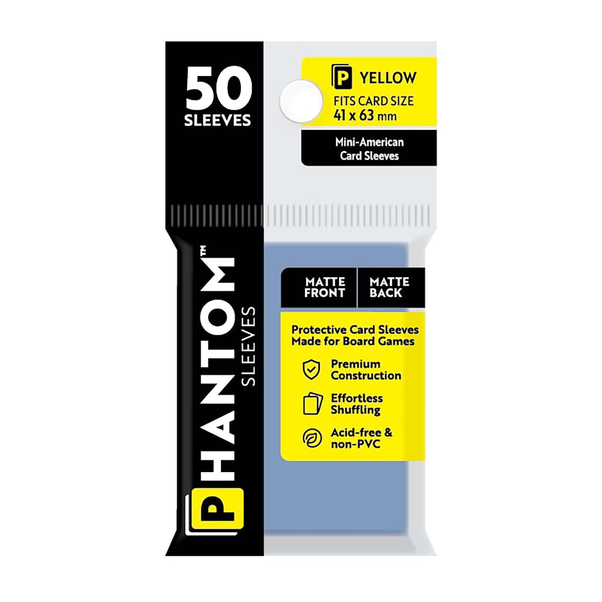 Phantom Sleeves: Yellow Size 41 x 63mm: Matte Front/Back - 50 Pack - Transparent Protective Card Sleeves for Board Games, Trading Cards & Card Games