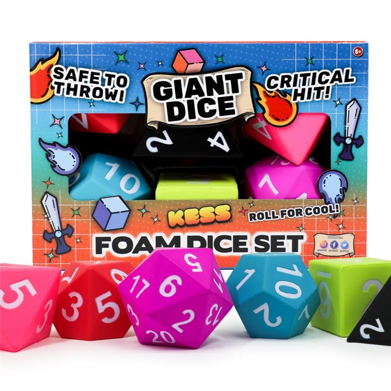 KESS Big Box Combo Set of Six Jumbo Foam Dice: One Each of D20, D12, D10, D8, D6, and D4 dice in Assorted Vibrant Colors