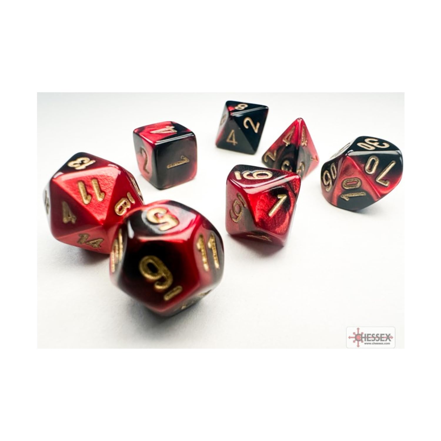 Black and Red Gemini Mini Dice with Gold Colored Numbers 10mm (3/8in) Set of 7 Chessex
