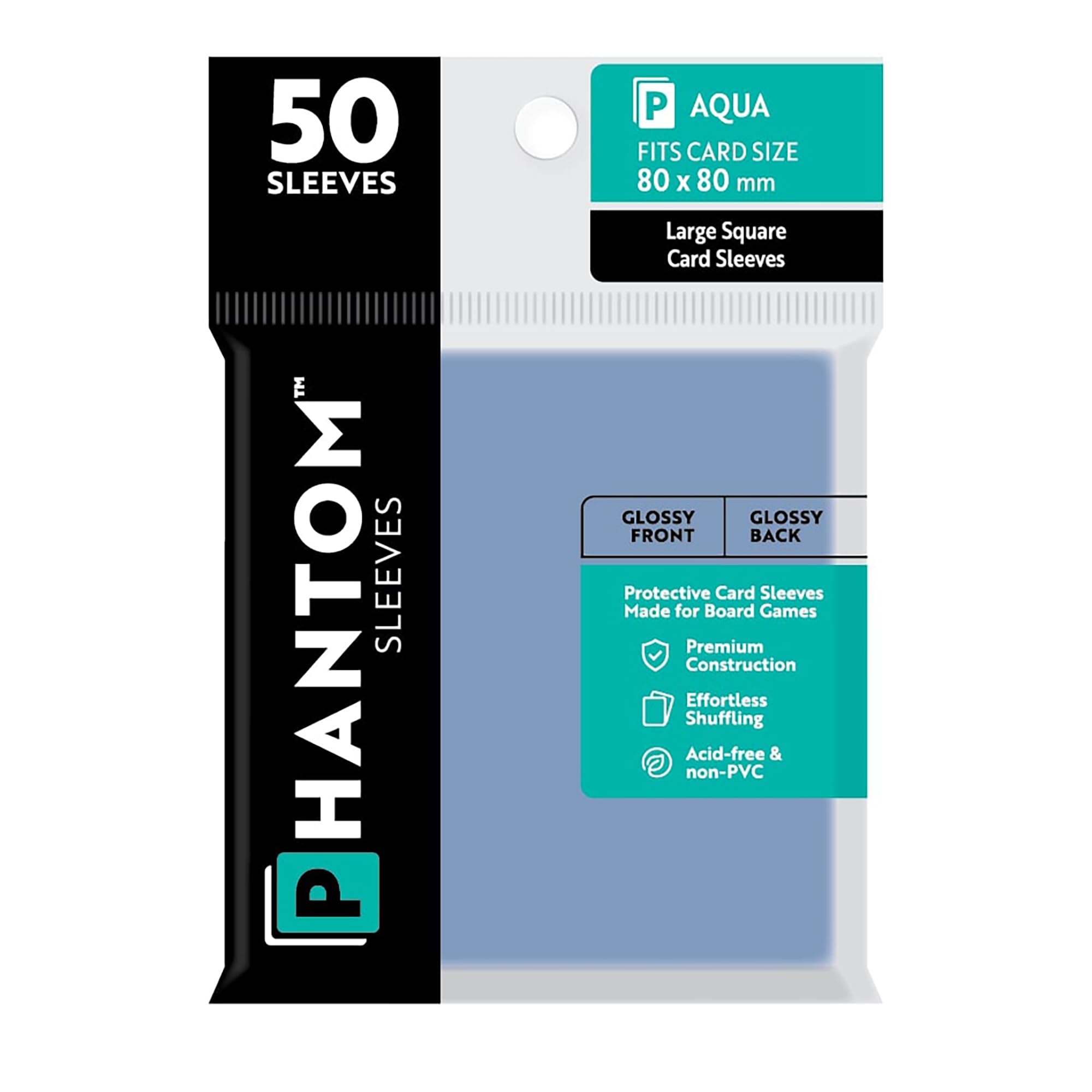 Phantom Sleeves: Aqua Size 80 x 80mm: Glossy Front/Back - 50 Pack - Transparent Protective Card Sleeves for Board Games, Trading Cards & Card Games