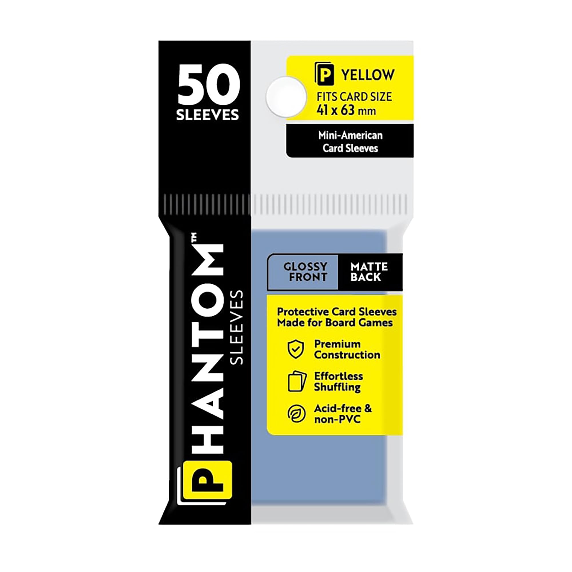 Phantom Sleeves: Yellow Size 41 x 63mm: Glossy Front/Matte Back - 50 Pack - Transparent Protective Card Sleeves for Board Games & Trading Cards