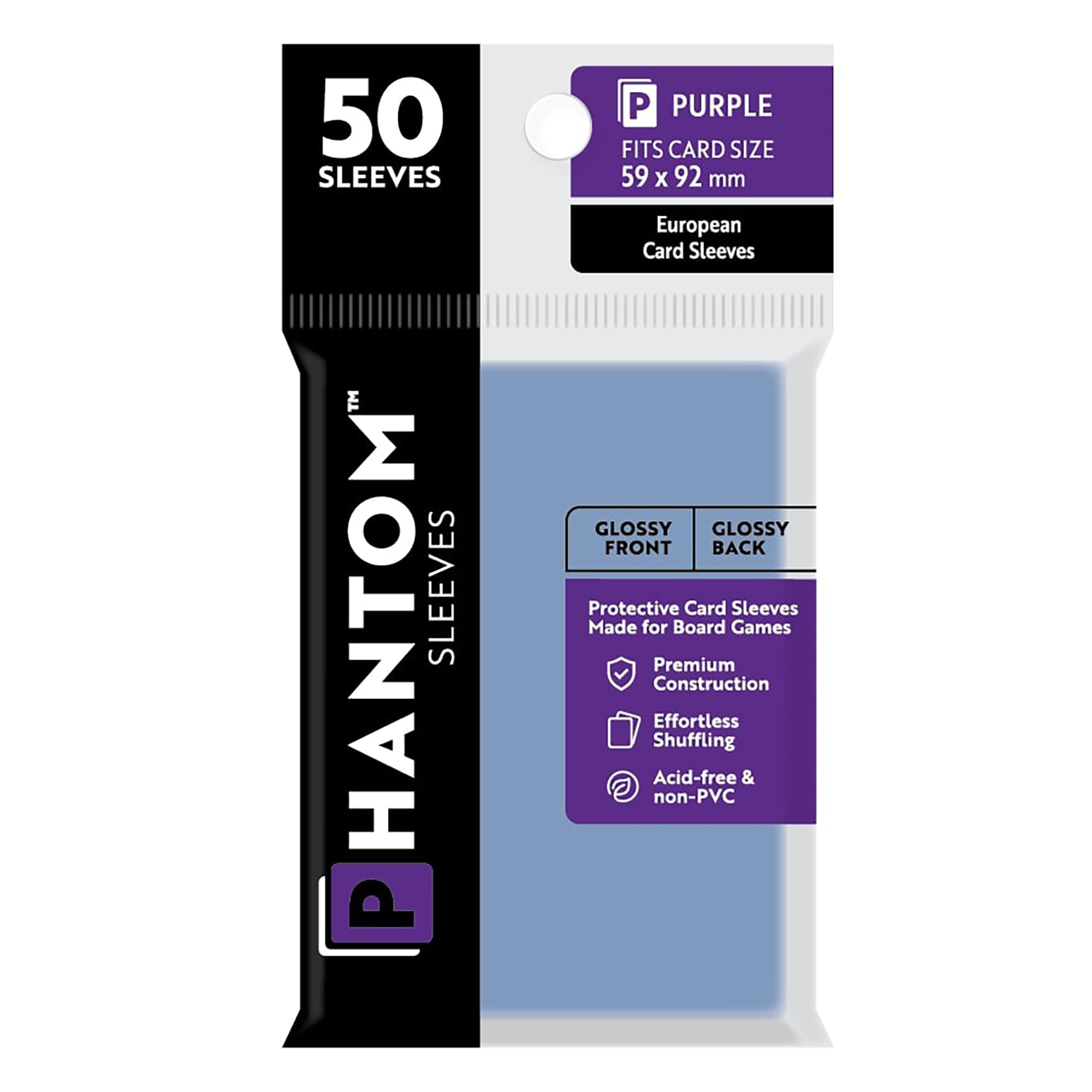 Phantom Sleeves: Purple Size 59 x 92mm: Glossy Front/Back - 50 Pack - Transparent Protective Card Sleeves for Board Games, Trading Cards & Card Games