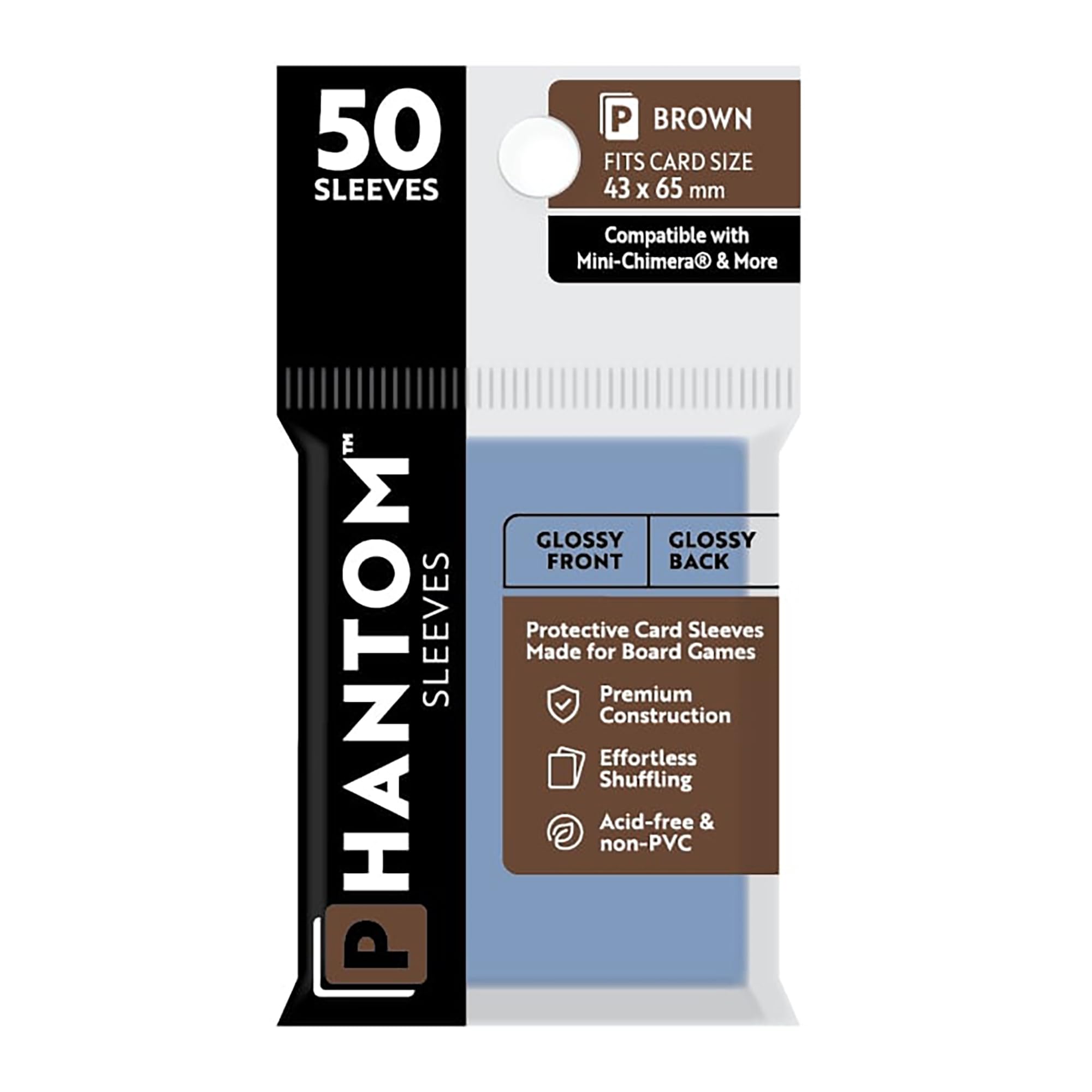 Phantom Sleeves: Brown Size 43 x 65mm: Glossy Front/Back - 50 Pack - Transparent Protective Card Sleeves for Board Games, Trading Cards & Card Games