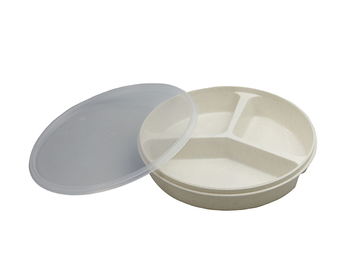 Partitioned scoop dish with cover, sandstone, 8"