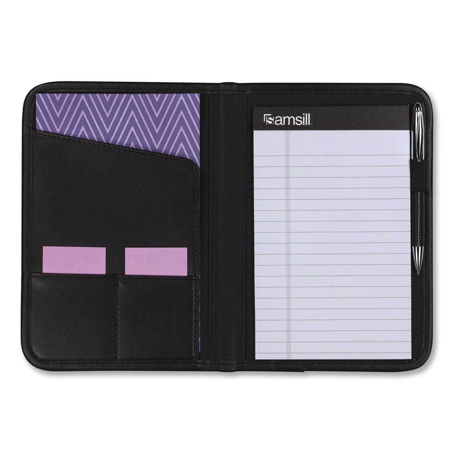 Samsill Professional Padfolio, Letter Size 8.5" x 11", 4 Internal Pockets, Synthetic Leather/PVC, Black, Padded, Stitched, Pen Loop, Notepad, Document Pocket, Business Card Holder, Refillable, 1 Each