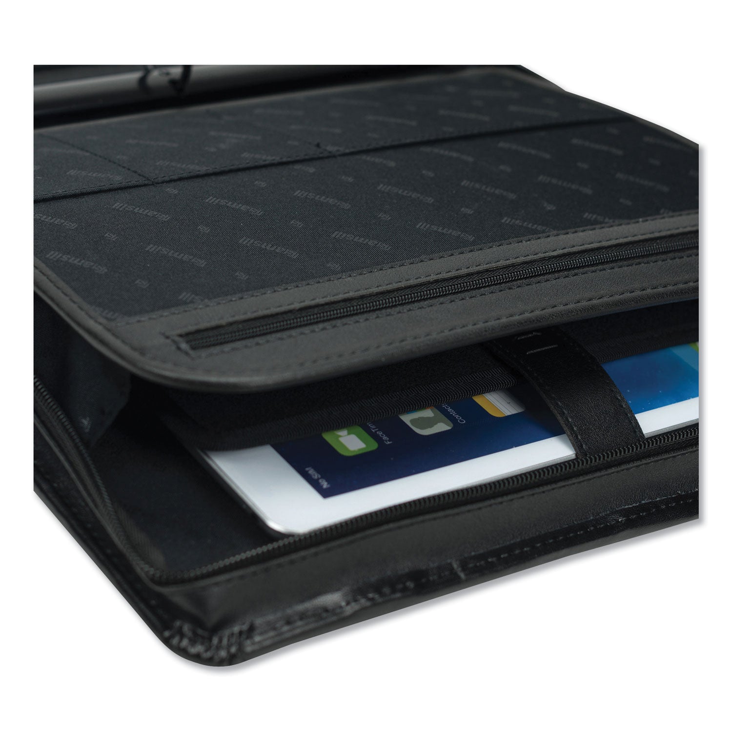 1" Folder Capacity - 8 1/2" x 11" - 1" for Folder - Internal Pocket(s) - Leather, Metal - Black - Zipper Closure, Handle, Tablet Pocket, Document Pocket, Spine, Padded Handle, Padded Spine - 0% Recycled - 1 Each
