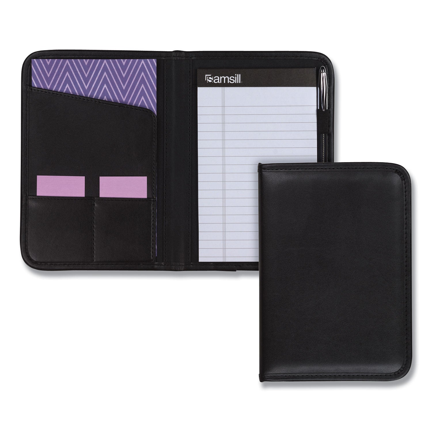 Samsill Professional Padfolio, Letter Size 8.5" x 11", 4 Internal Pockets, Synthetic Leather/PVC, Black, Padded, Stitched, Pen Loop, Notepad, Document Pocket, Business Card Holder, Refillable, 1 Each