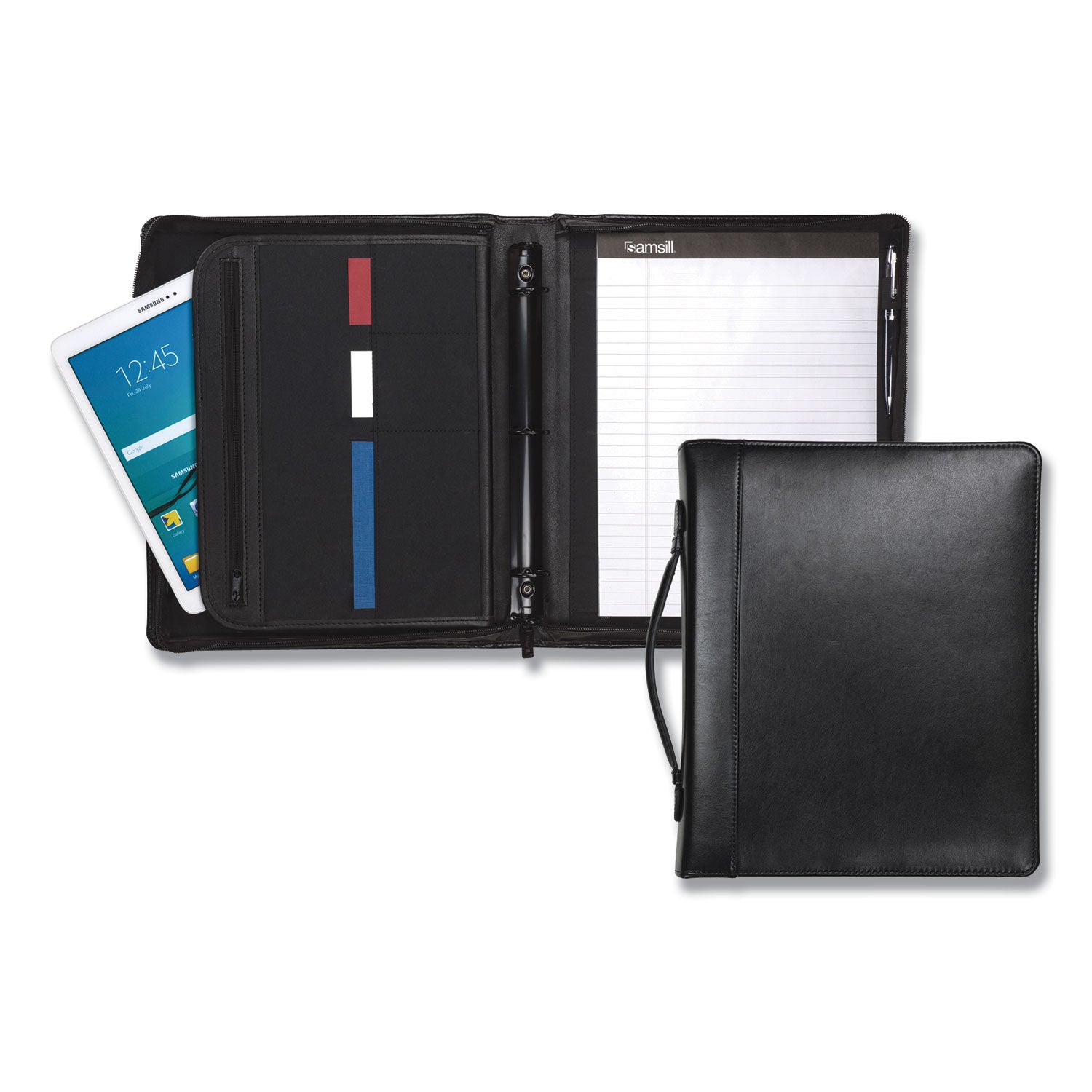 1" Folder Capacity - 8 1/2" x 11" - 1" for Folder - Internal Pocket(s) - Leather, Metal - Black - Zipper Closure, Handle, Tablet Pocket, Document Pocket, Spine, Padded Handle, Padded Spine - 0% Recycled - 1 Each