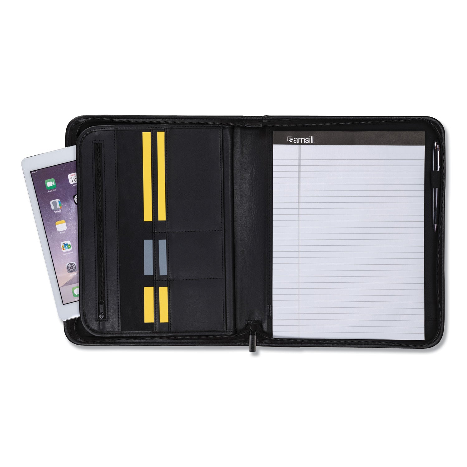 Samsill Letter Pad Folio - 8 1/2" x 11" - 6 Exterior, Internal Pocket(s) - Vinyl, Polyvinyl Chloride (PVC) - Black - Tablet Pocket, Zipper Closure, Wrap-around - 1 Each