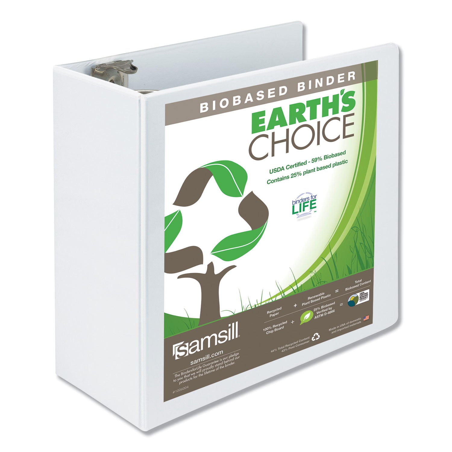 Samsill Earth's Choice Plant-based Durable View Binder, 5" Capacity, 3 Round Rings, Letter Size, 875 Sheet Capacity, 2 Internal Pockets, White, 1 Each