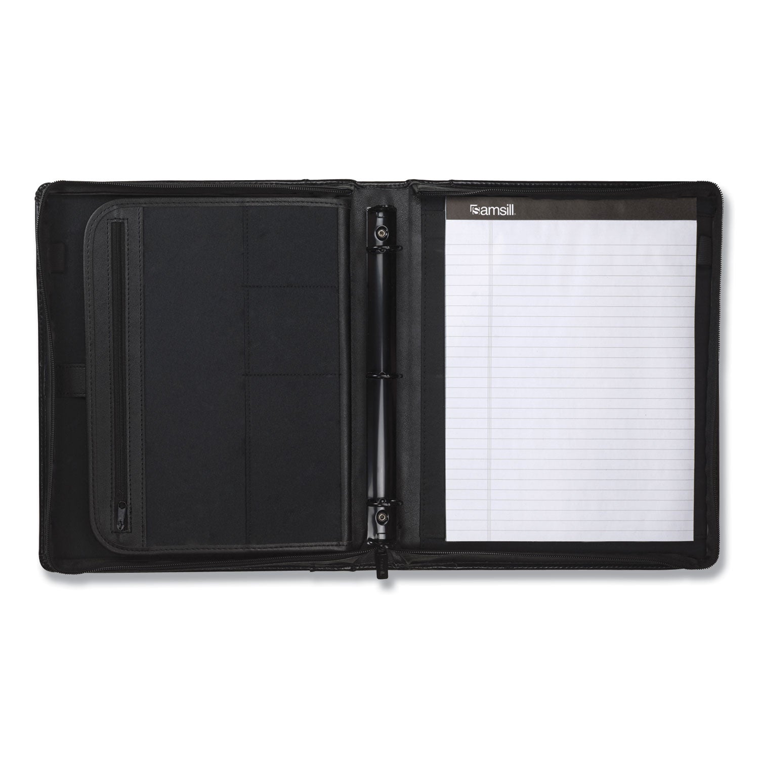 1" Folder Capacity - 8 1/2" x 11" - 1" for Folder - Internal Pocket(s) - Leather, Metal - Black - Zipper Closure, Handle, Tablet Pocket, Document Pocket, Spine, Padded Handle, Padded Spine - 0% Recycled - 1 Each