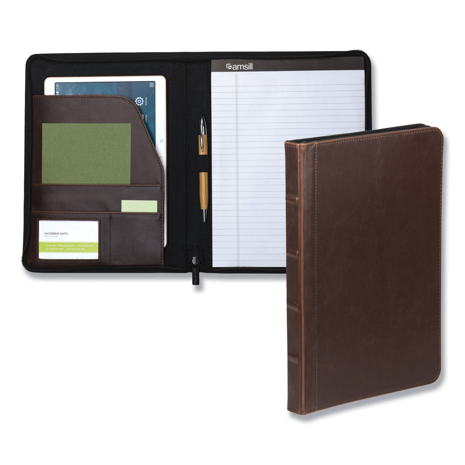 Samsill Vintage Hardback Zipper Portfolio, Letter Size 8.5" x 11", Faux Leather & Vinyl, Dark Brown, Includes Notepad, 1 Each