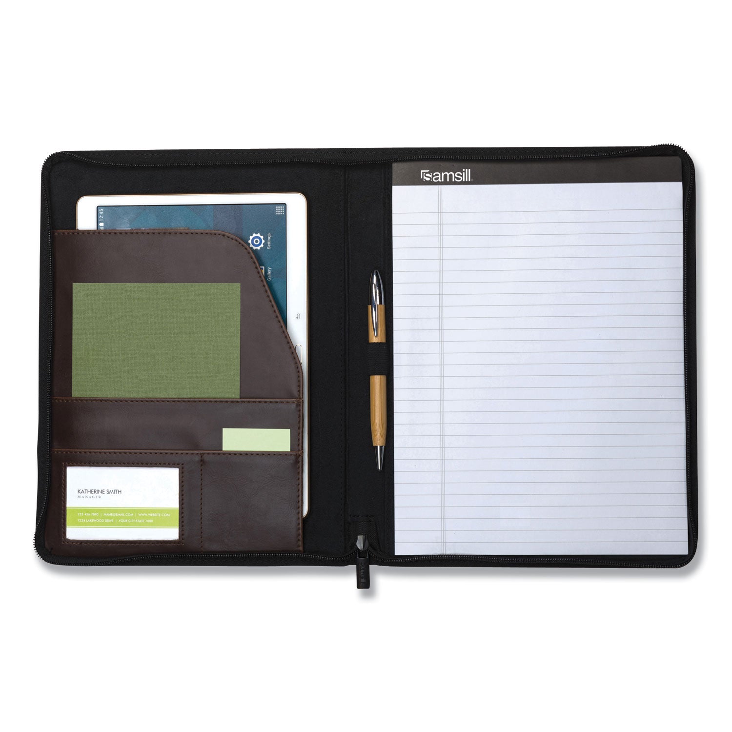 Samsill Vintage Hardback Zipper Portfolio, Letter Size 8.5" x 11", Faux Leather & Vinyl, Dark Brown, Includes Notepad, 1 Each