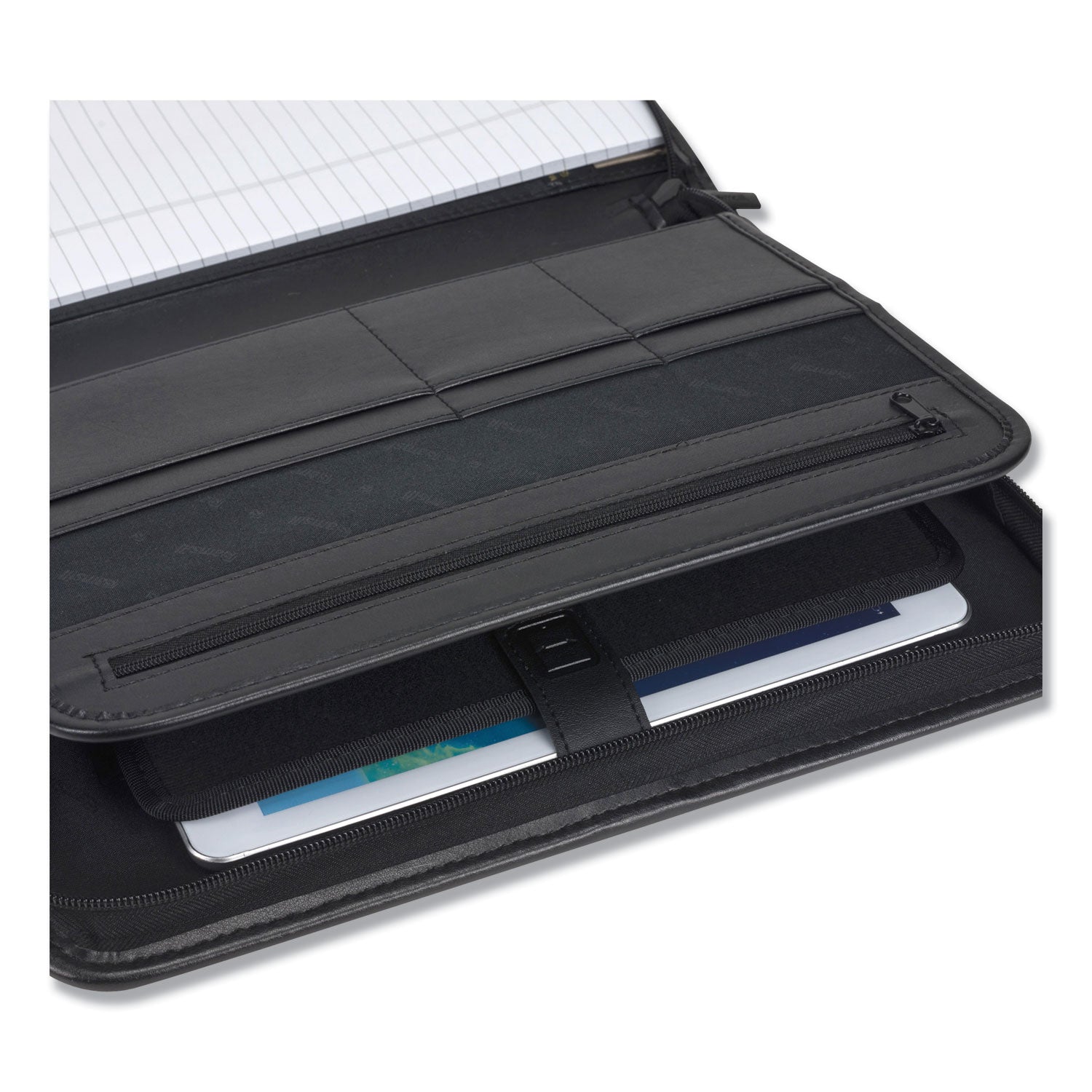 Samsill Letter Pad Folio - 8 1/2" x 11" - 6 Exterior, Internal Pocket(s) - Vinyl, Polyvinyl Chloride (PVC) - Black - Tablet Pocket, Zipper Closure, Wrap-around - 1 Each