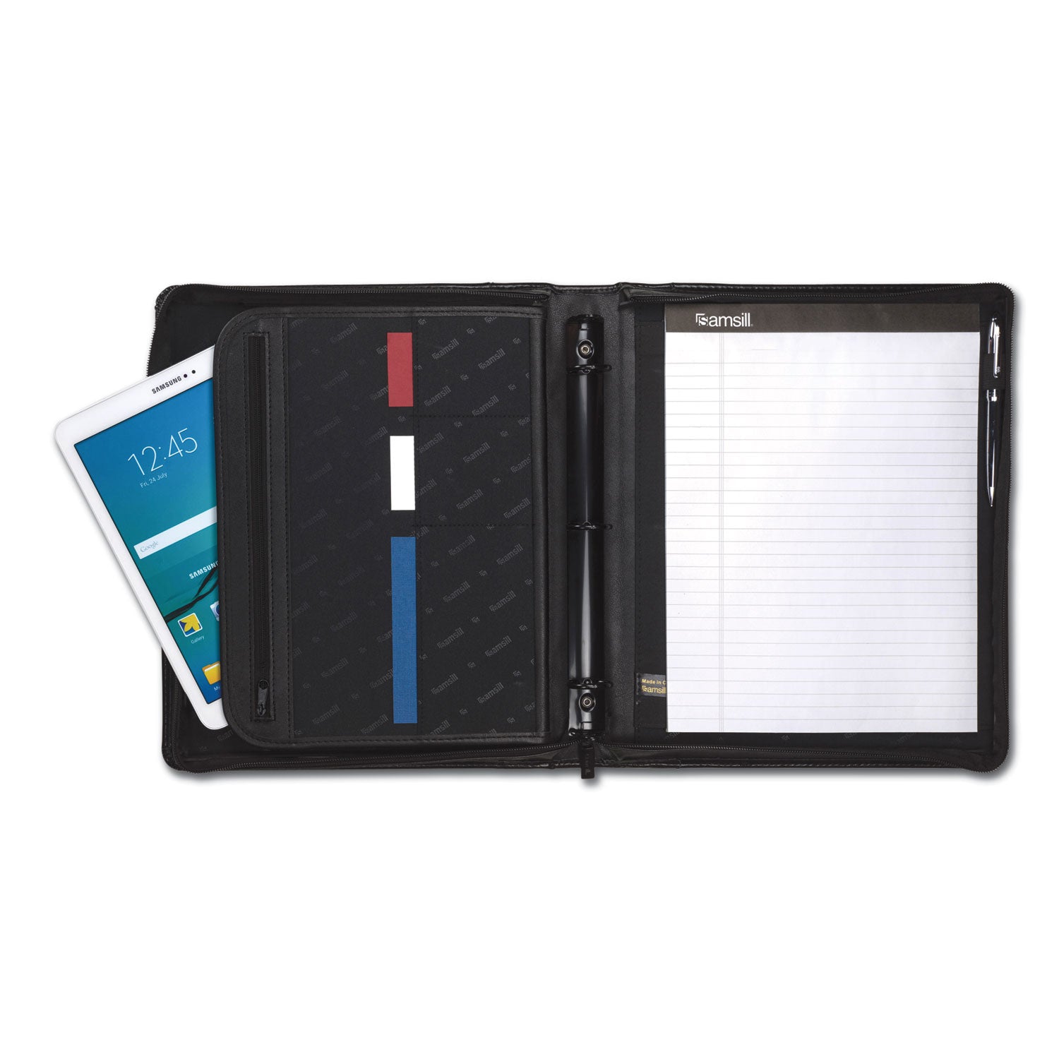 1" Folder Capacity - 8 1/2" x 11" - 1" for Folder - Internal Pocket(s) - Leather, Metal - Black - Zipper Closure, Handle, Tablet Pocket, Document Pocket, Spine, Padded Handle, Padded Spine - 0% Recycled - 1 Each