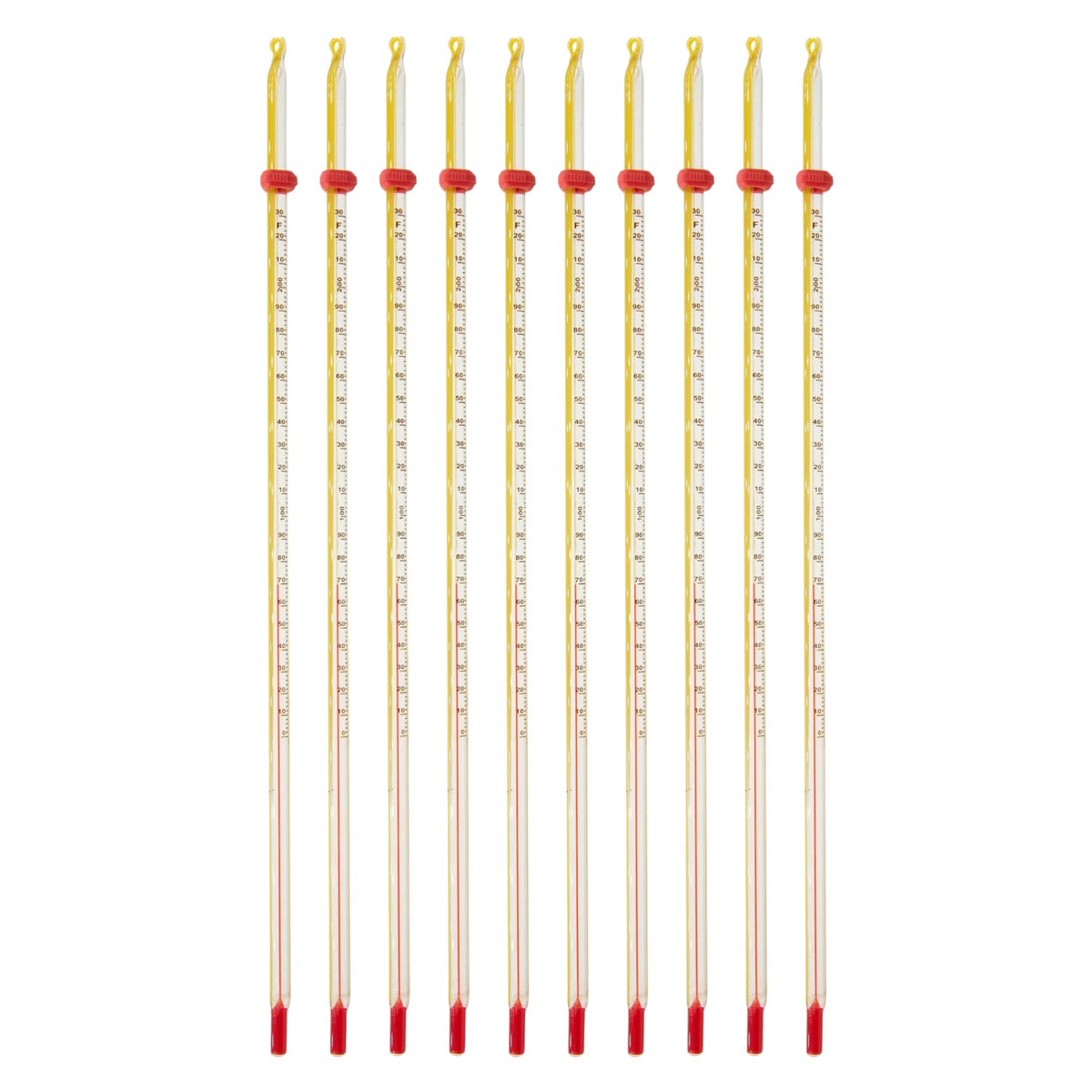 Thermometer, Yellow-Backed, Partial Immersion, Double Scale -20°C to 110°C and 0°F to 230°F, Pack of 10